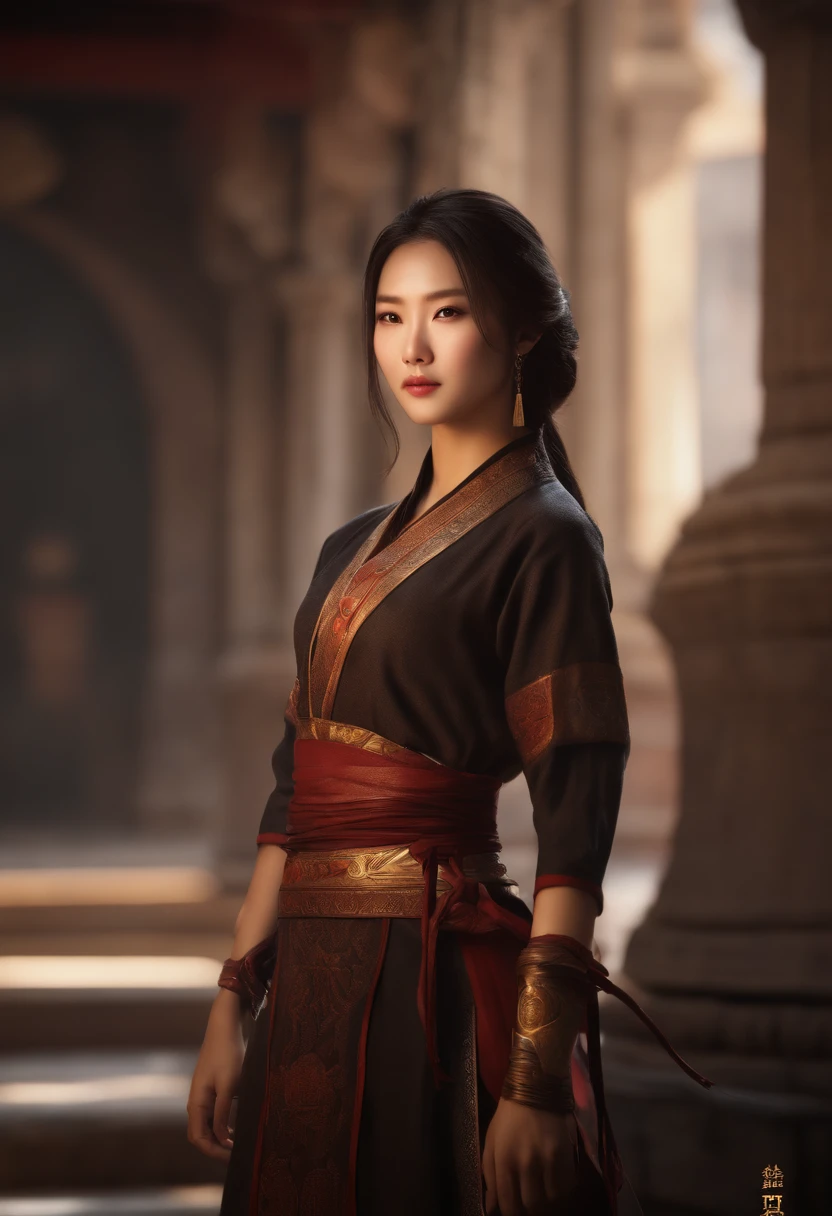 Best quality,masterpiece,ultra high res,(photorealistic:1.4),xiuxian,weapon,Detailed face,, 1girl,solo,weapon,cleavage,(magic circle:1.2),xiuxian,upper body,Beautiful girl,full body,east asian architecture,sheath,architecture, "DUTAN" text in typography glowing.