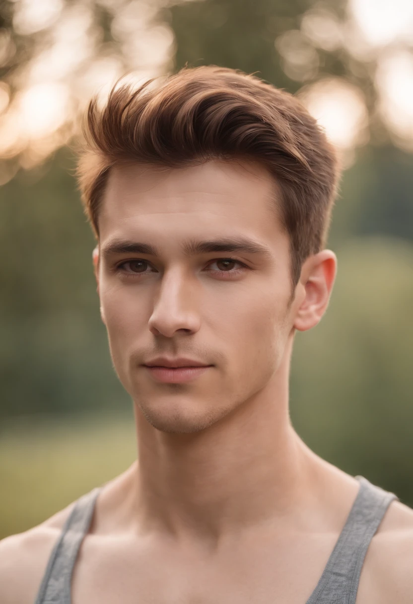 A handsome boy, 25 years old, brown spiky hair, light hazel brown eyes, masculine pose standing in a meadow, mysterious lighting, muscular physique, looking into the camera, upper body close up, polish, 8k UHD, SLR camera, soft lighting, high quality, film grain, Fujifilm XT3
