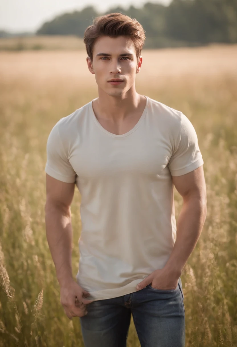 A handsome boy, 25 years old, brown spiky hair, light hazel brown eyes, masculine pose standing in a meadow, mysterious lighting, muscular physique, looking into the camera, upper body close up, polish, 8k UHD, SLR camera, soft lighting, high quality, film grain, Fujifilm XT3