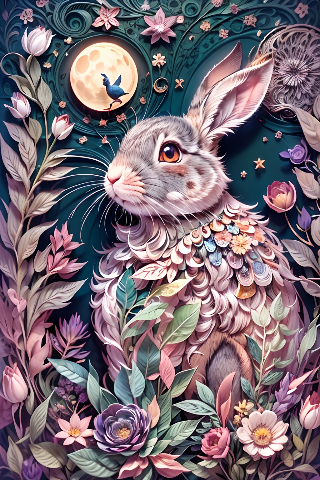 adorable rabbit,during night,Moon,starrysky,fresh flowers,Fujiman,(Paper Cuttings style),Complicated details,fanciful,super high image quality,A high resolution,Romantic,Ultra-detailed CG art,