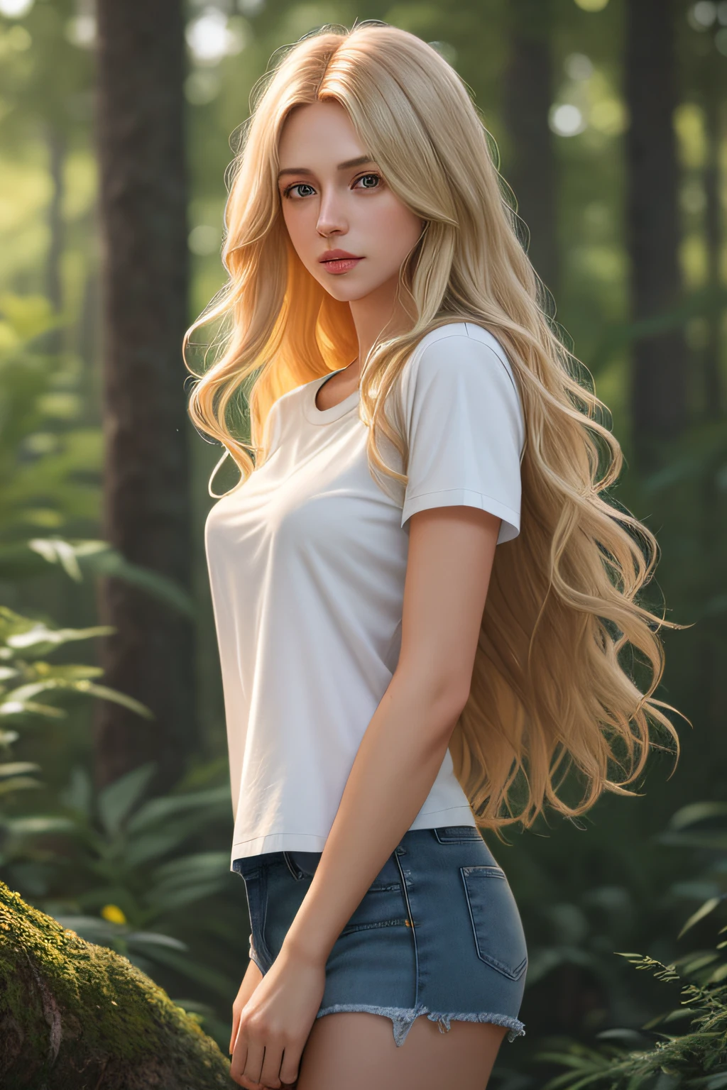 Girl has long long blonde hair and grey eyes, 1girl, AS-Adult, long-haired, blonde hair, medium-breasts, jeans-shorts,white school shirt, grey eyes, curly-haired, no bangs, symmetrical face. Symmetrical, smooth, sharp focus, illustration, realistic, artstation, award winning photography, octane render, cinematic lighting from the right, hyper realism, octane render, 8k, depth of field, 3D, backgound trees and wood