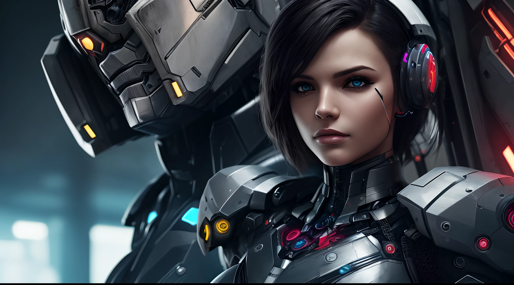 cyborg woman, (Barbara te atualizei), hiperealistic, cyberpunk, beautiful, war machine, full detail, dsrl, 8k, high quality --auto