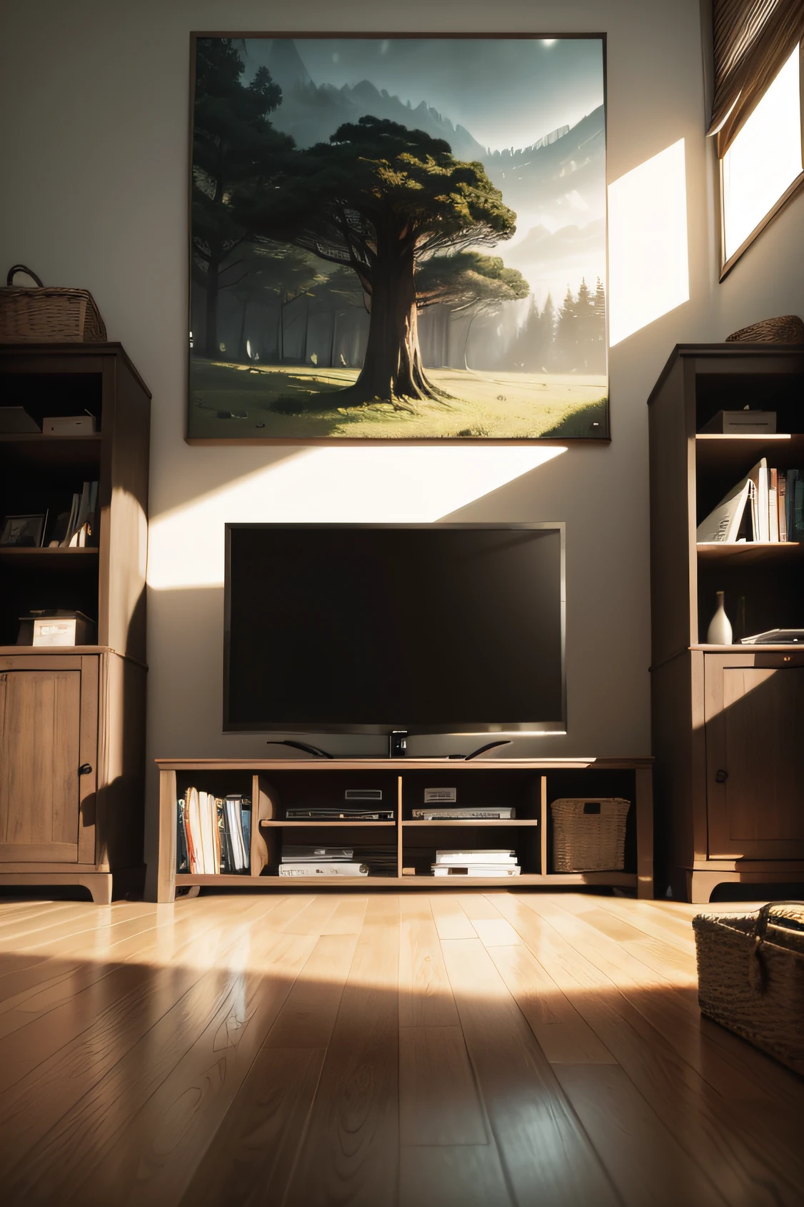 Symmetrical image with television off centered in the middle of the larger image that takes up almost the entire frame, em uma sala cheia de ogros em volta, large black screen television, large black screen television, large black screen television, large black screen television, Lots of toys on the floor, com uma janela, with a forest full of big trees and beautiful fantasy animals