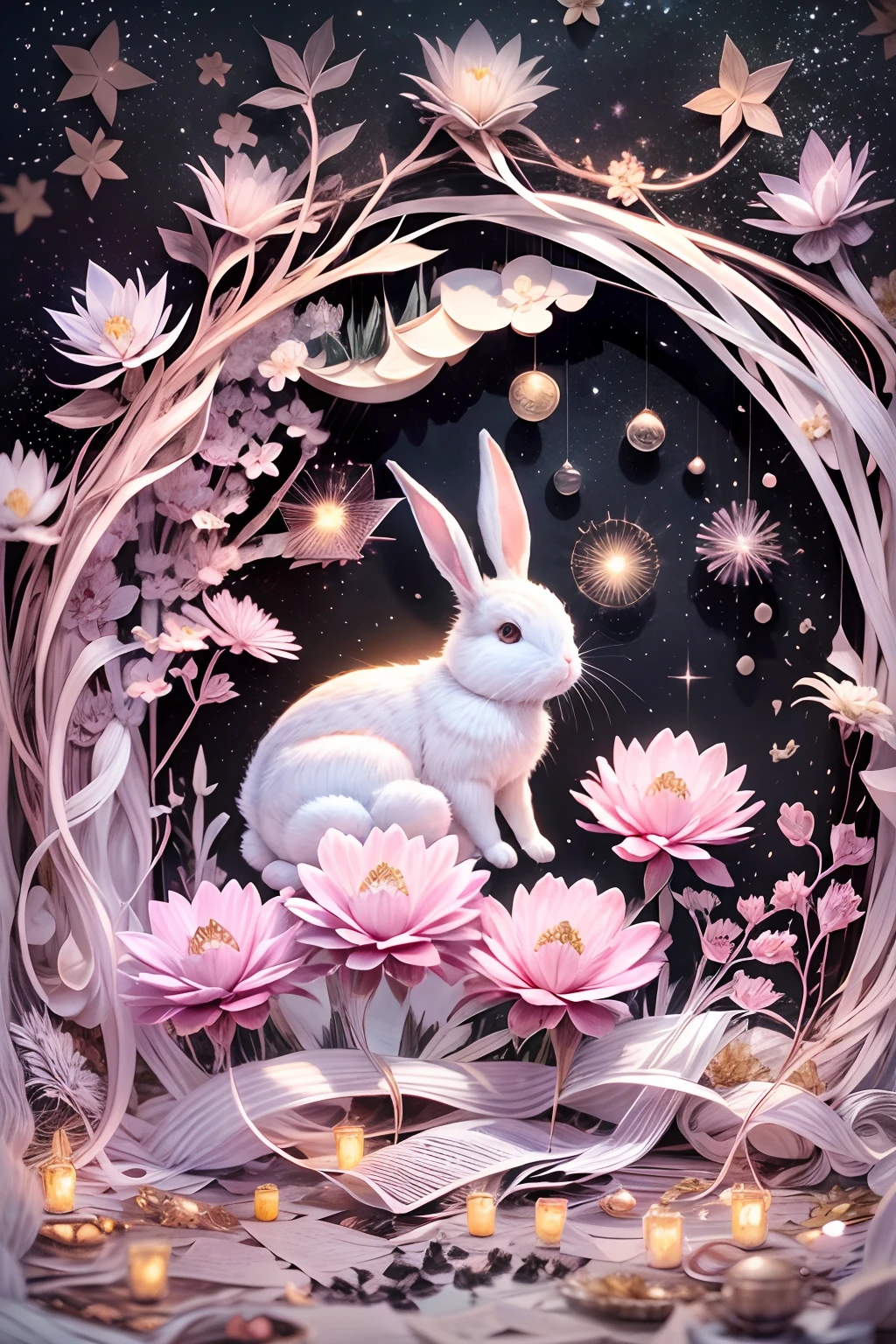 a moon,adorable rabbit,during night,starrysky,(Paper Cuttings style,fresh flowers,Fujiman),Best quality at best,A high resolution,Complicated details,fanciful,Romantic,In this ultra-detailed CG art,