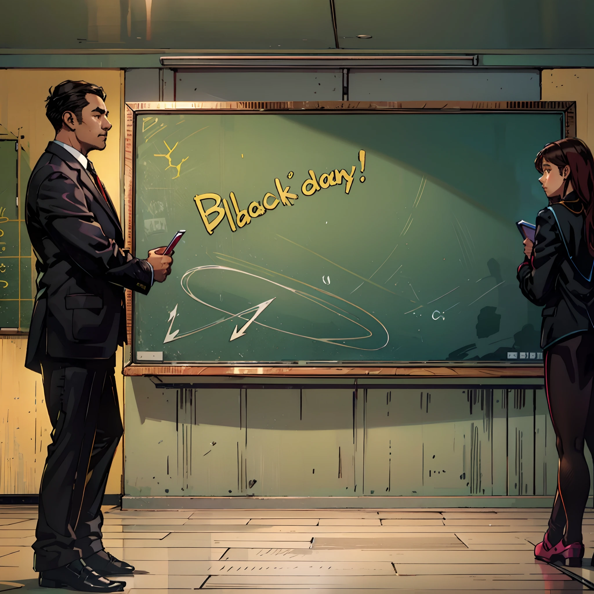 lateral view of a University teacher standing up with a blackboard in his back and 3 students in the front sitting down --auto --s2