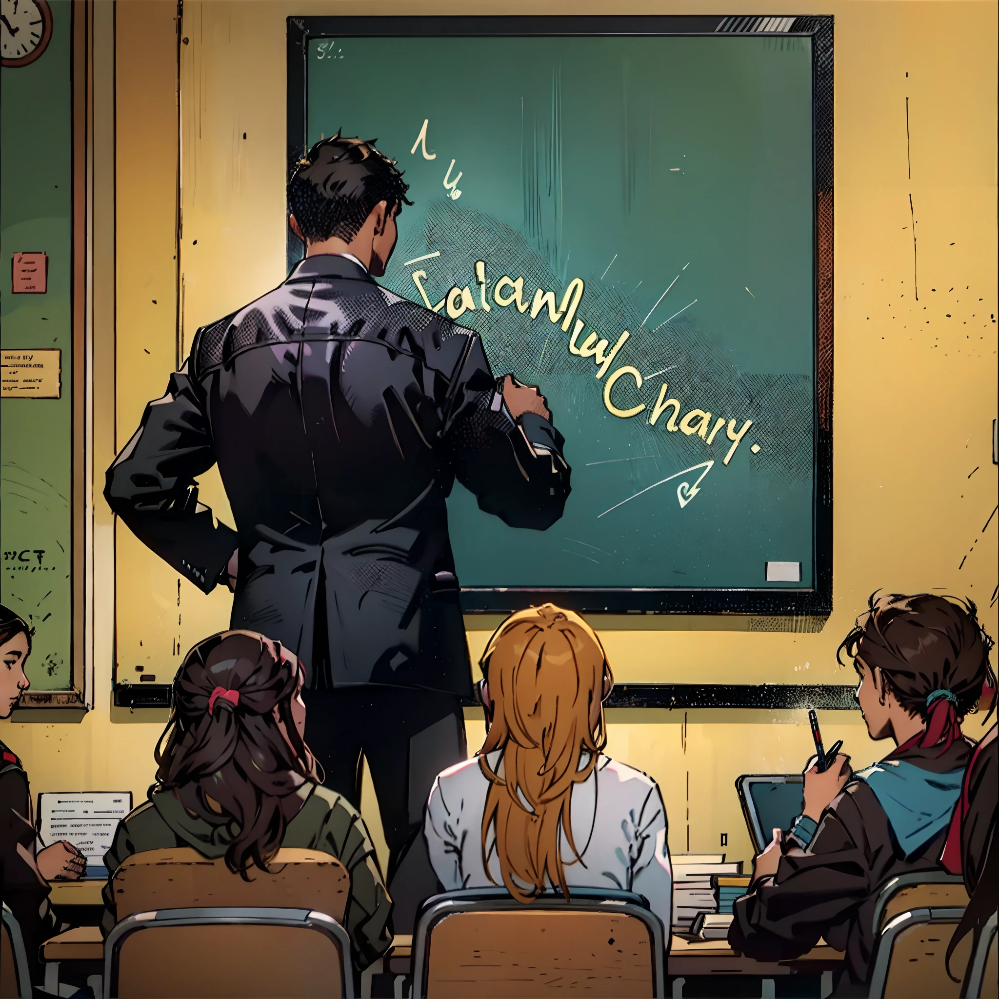 lateral view of a University teacher standing up with a blackboard in his back and 3 students in the front sitting down --auto --s2