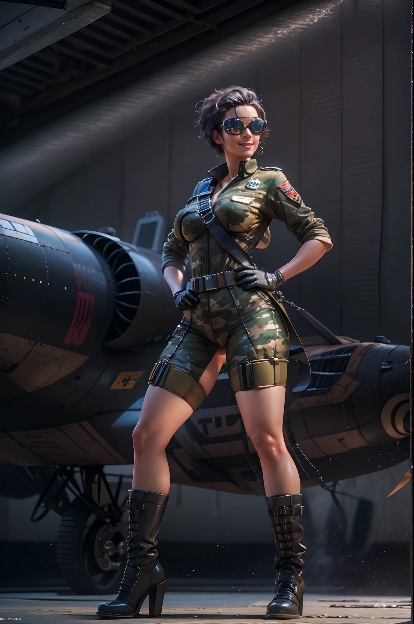 full body view sexy woman with pleasant smile in latex body air force with short hair, showing cleavages googles on her head, hip belt, wearing gloves, seeing viewers,smiling sexy camoflage latex uniform full body, in background a army plane, complete composition, incredible, unreal engine 5, cinematic lighting, unbelievable, among mysterious, ultimate detailed, ultra detailed face, beautiful body, masterpieces face, 8k resolution, cinematic trailer, ray tracing, glowing