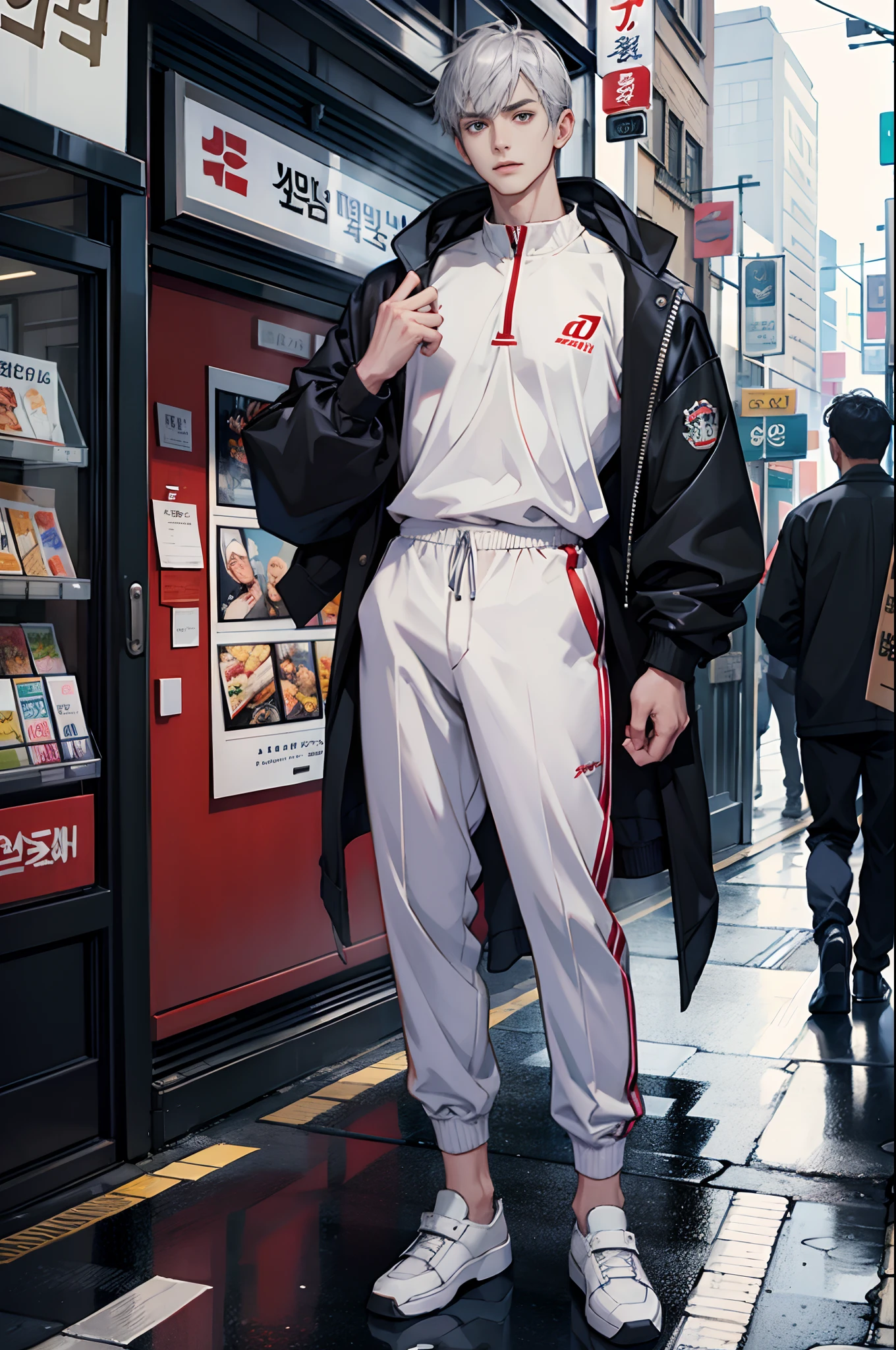 (tmasterpiece,超高分辨率,16k UHD,high qulity),low tune,standing on your feet,looking at viewert,tmasterpiece,A tall man,Stand in front of a crowded restaurant,are standing,(Gray hair),Black eyes,ssmile,Seoul,(small heads),Tall man, Masculine face shape,Precise anatomy,Precise hand structure,Hoodies,track suit,espadrilles,wristwatch,Unity 16K wallpaper,concept-art,One guy,8K eyes,(((Mature male))),(Upright ultra-short hair),(photorealiscic face:1.8),broad shoulder,slips,(full bodyesbian:1.6),Male 18