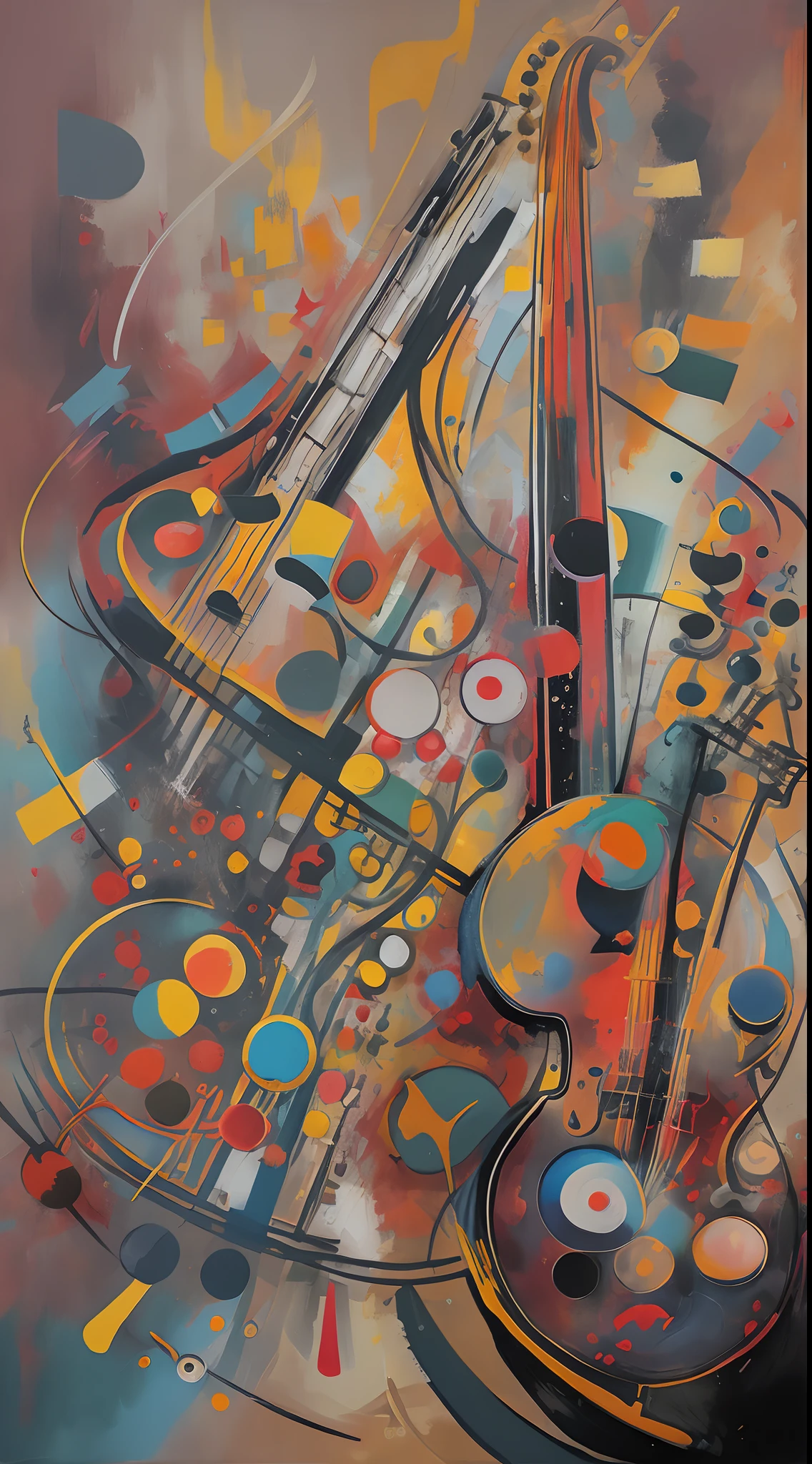 Abstract painting representing the sound of jazz music, using vibrant colors and erratic shapes