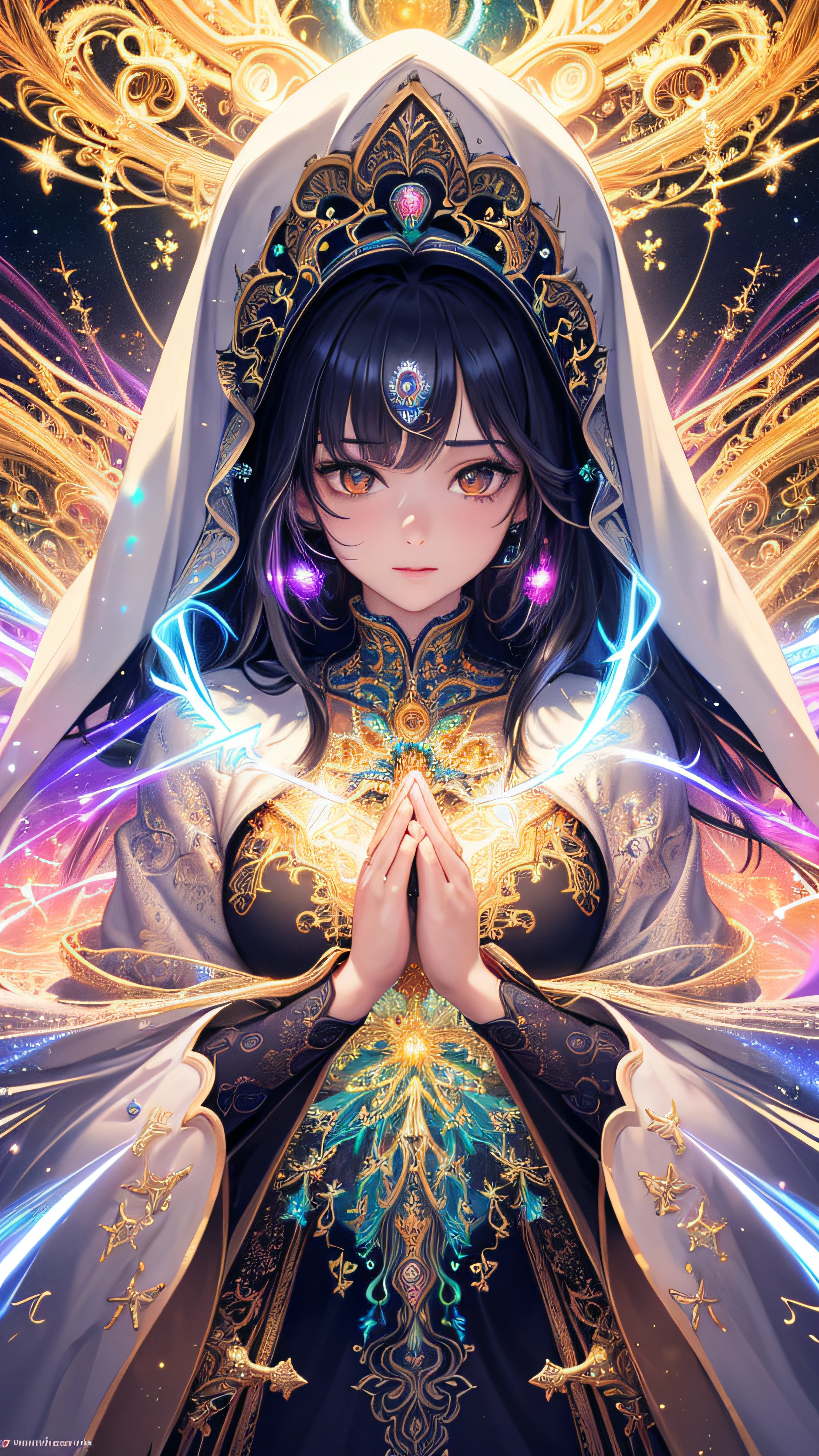 (masterpiece, top quality, best quality, official art, beautiful and aesthetic:1.2), (1girl), extreme detailed, (fractal art:1.3), colorful, highest detailed, perfect face, upper body, HDR, (praying:1.3), (white cloak golden lines:1.2), galaxy, (light streaks), striking visuals, (dynamic streaks, luminous trails:1.2), vibrant colors,