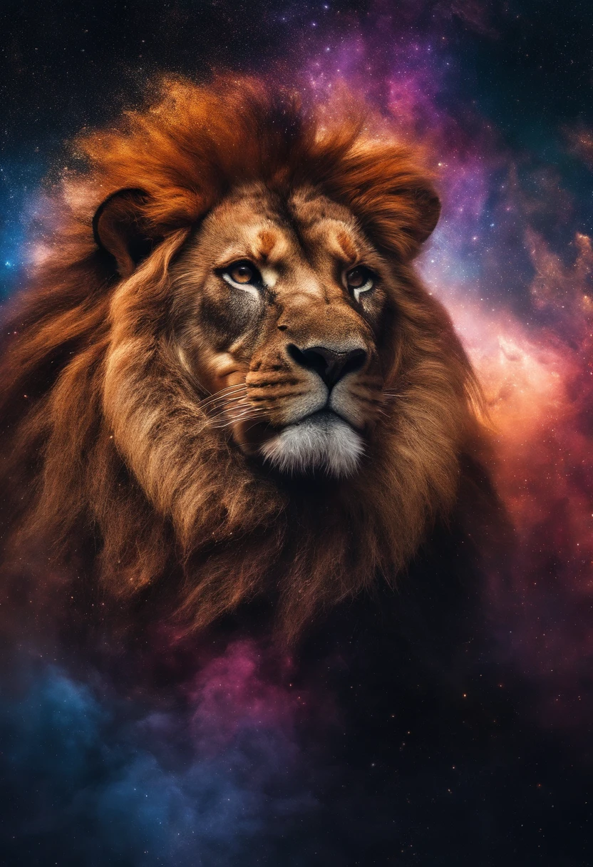 a photograph Galaxies, espirais, outer space, nebulosas, estrelas, smoke billowing,espatacular imagem, detalhe intrincado, in the form of a lion, octane rendering, 8k hiper realista, realista textura, Unreal Natural Lighting Engine, cinestill 800, (lente de 35mm)