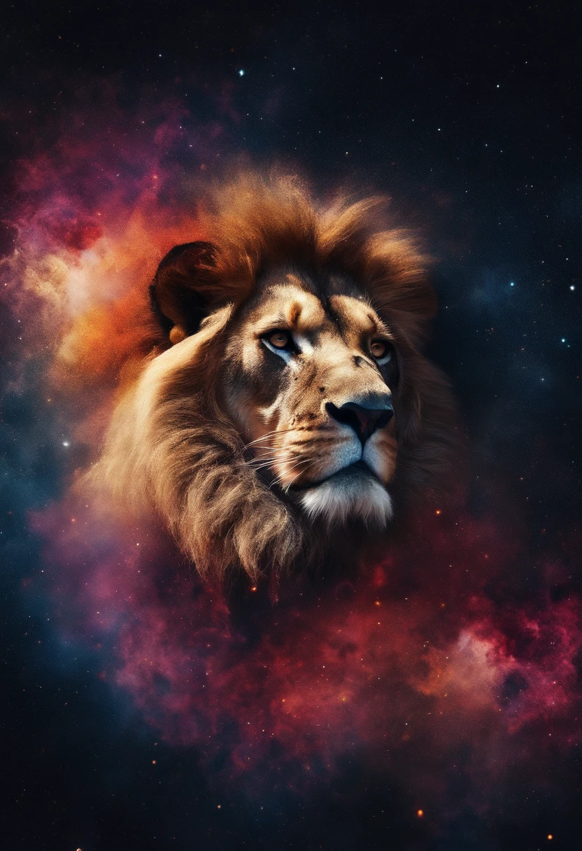 a photograph Galaxies, espirais, outer space, nebulosas, estrelas, smoke billowing,espatacular imagem, detalhe intrincado, in the form of a lion, octane rendering, 8k hiper realista, realista textura, Unreal Natural Lighting Engine, cinestill 800, (lente de 35mm)