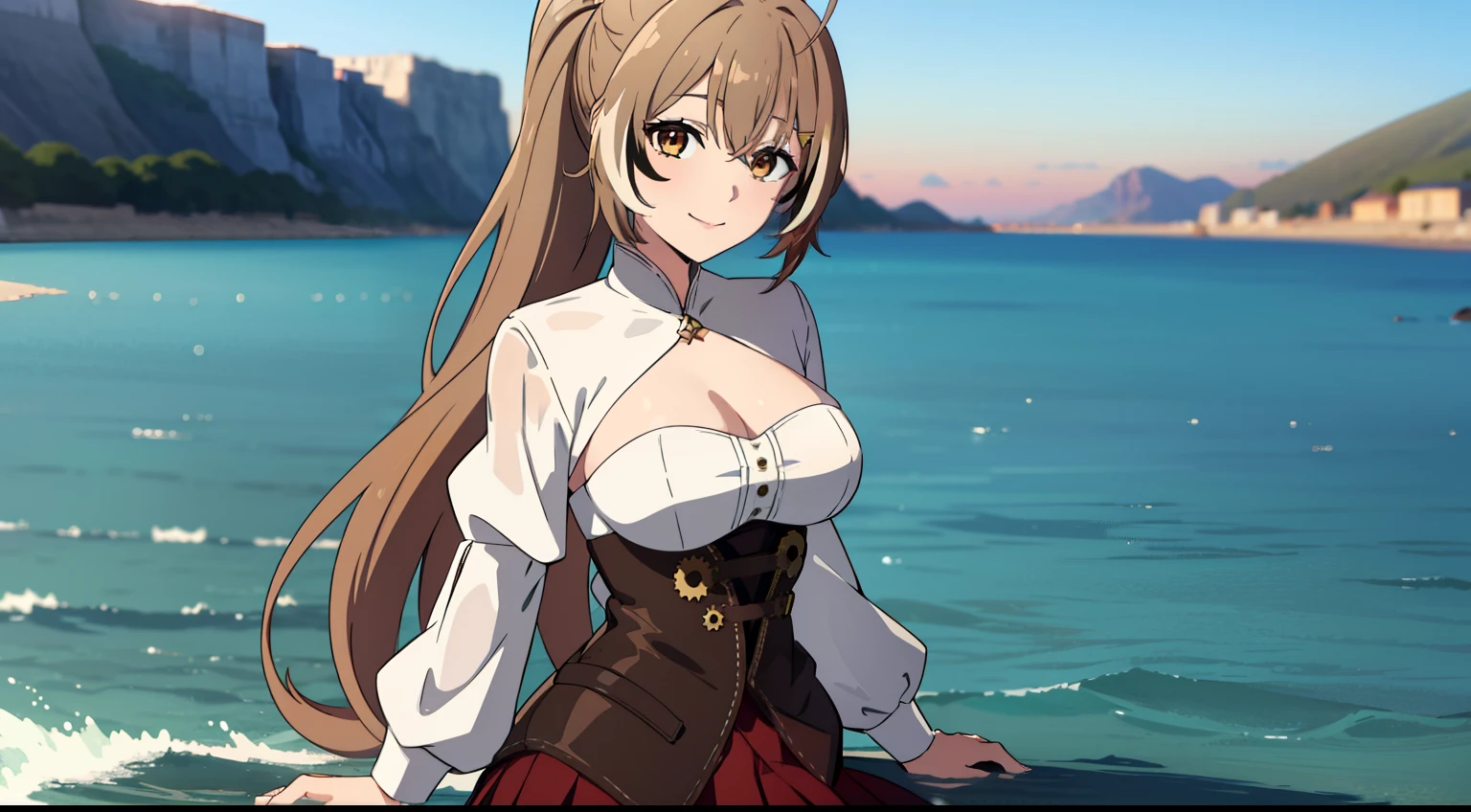 2D, HD, Detailed details, Detailed landscapes, beautiful lights, Beautiful Shadows, top-quality, Highly detailed, masterpiece, best quality, highres, aamumei, long hair, ponytail, ahoge, multicolored hair, feather hair ornament, hairclip, white shirt, brown corset, red skirt, mini breasts, closed mouth, smile, looking at viewer, highly detailed hands, highly detailed eyes, cleavage, Perfect hands, highly detailed face, full body, anime styled, blue sky, sky background, arms behind back, walk on water, sea, backdrop of dawn, horizon, Saturn in the background, wet clothes