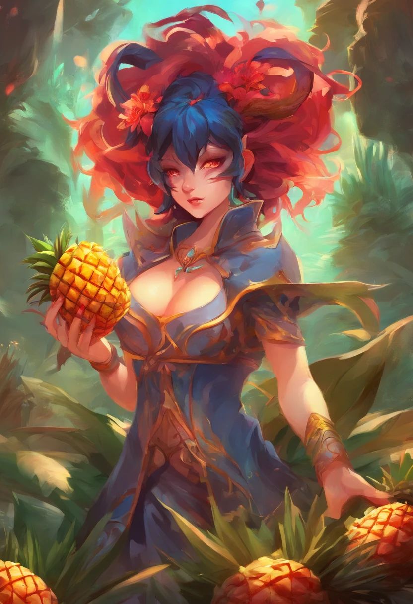 An Anime Oni eating a Pineapple, Angry, Perfect body, perfect facem Cinematic, Terror, horror, Red bioluminicense, HD, Dark fantaksy