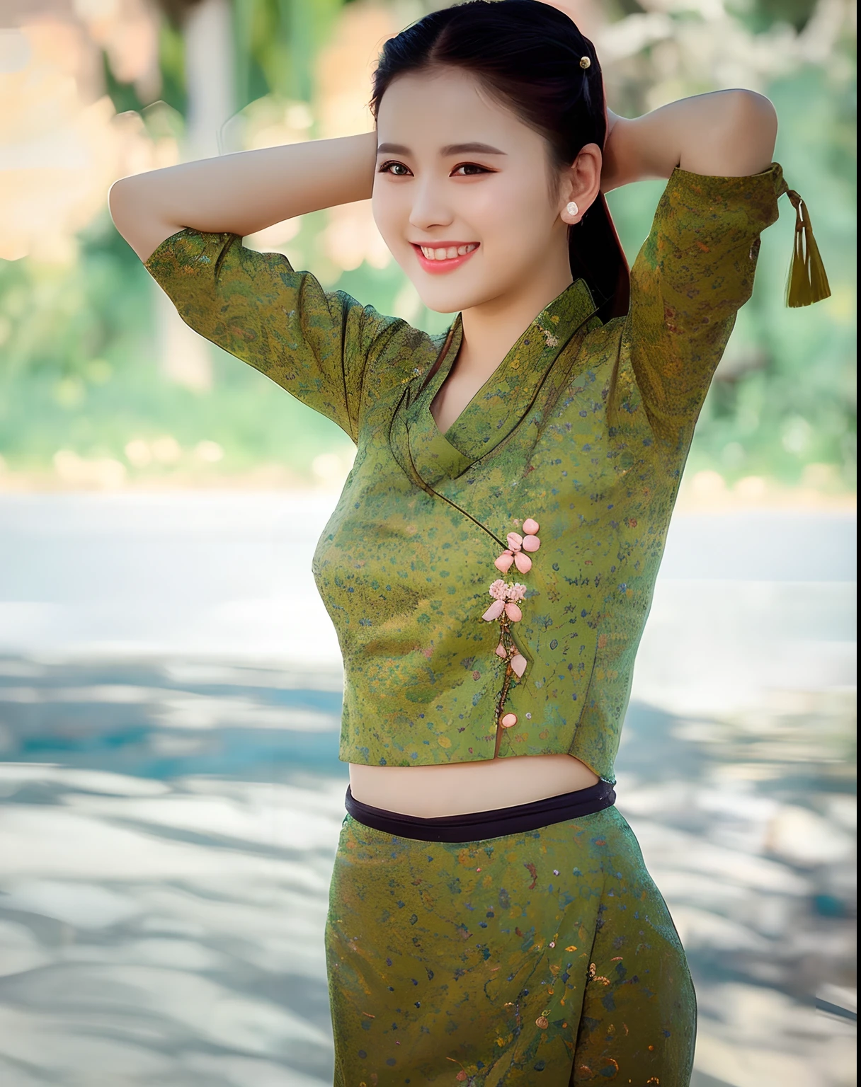 a close up of a woman in a green dress posing for a picture, in style of lam manh, nivanh chanthara, dilraba dilmurat, asian girl, lovely smile, mai anh tran, traditional art, sukhothai costume, dang my linh, chinese girl, cute woman, in style of thawan duchanee