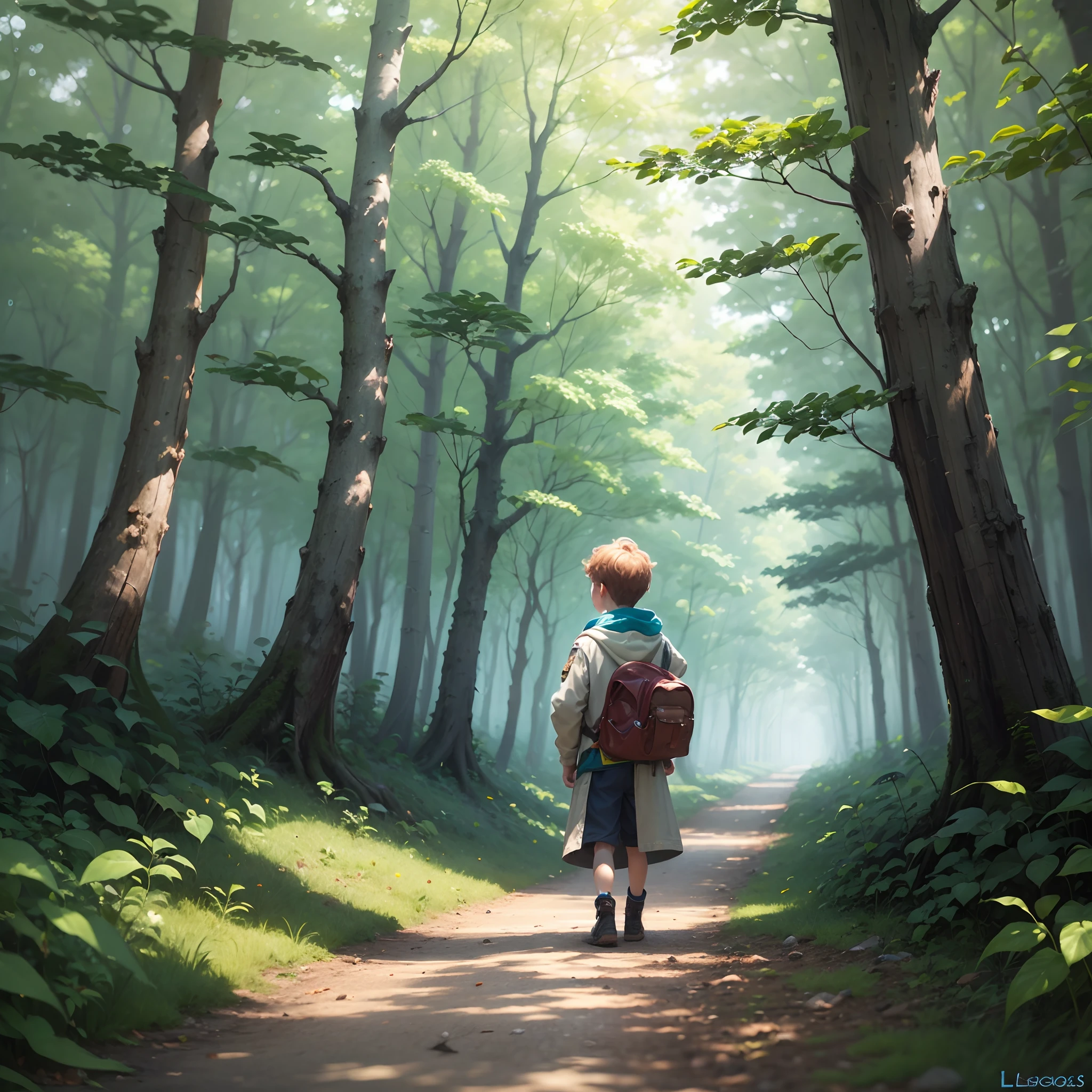 small village, dense forest, boy named Lucas, special connection with nature, curious eyes, explore the forest, shiny bottle, magical message, Chosen Guardian, responsibility, sustainability, care for the environment. --auto --s2