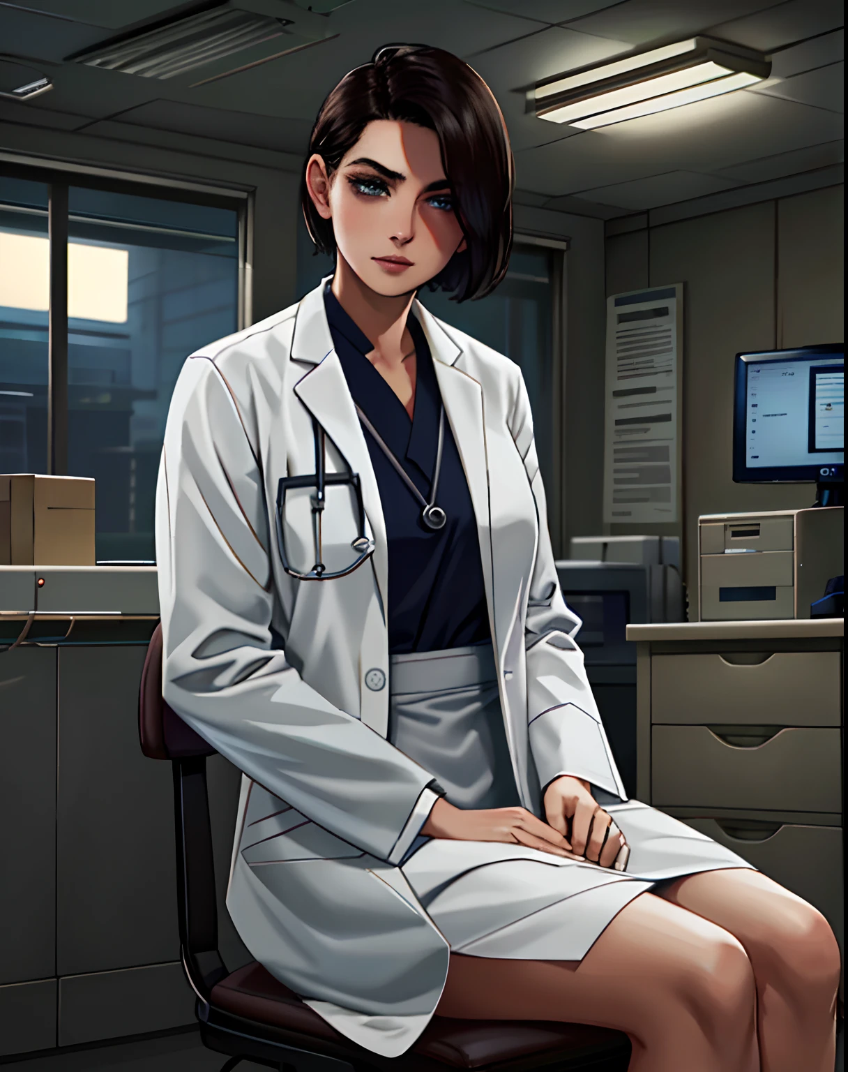 Woman, doctor, short broen hair, white skin, pretty American woman,20 years old, beautiful make up, dark light, dark hospital, sitting behind the desk, white long lab coat, kind snile, sitting, background: dark hospital Labrador