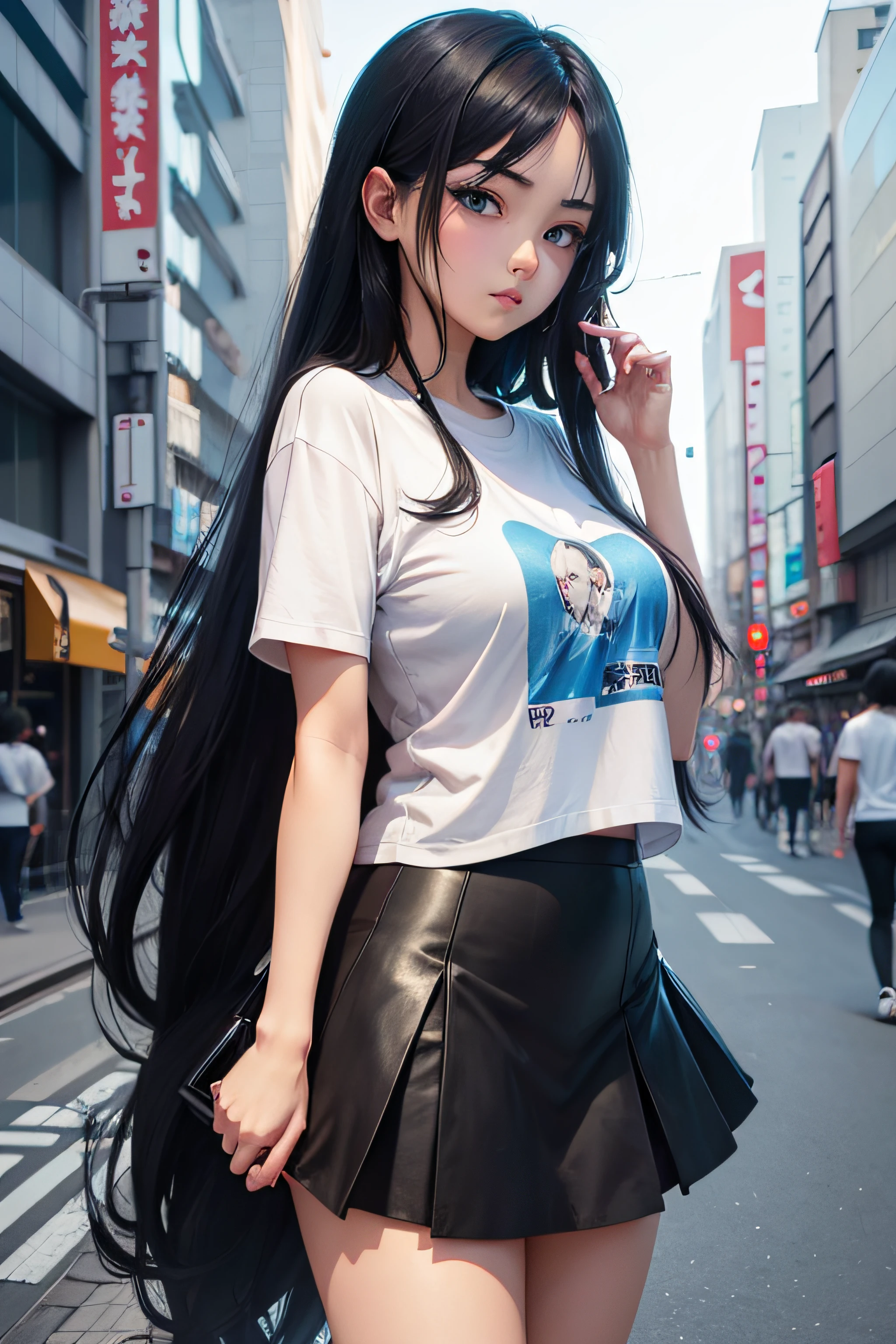 Anime waifu with blue eyes and full-length black hair against the background of Tokyo in a skirt and T-shirt