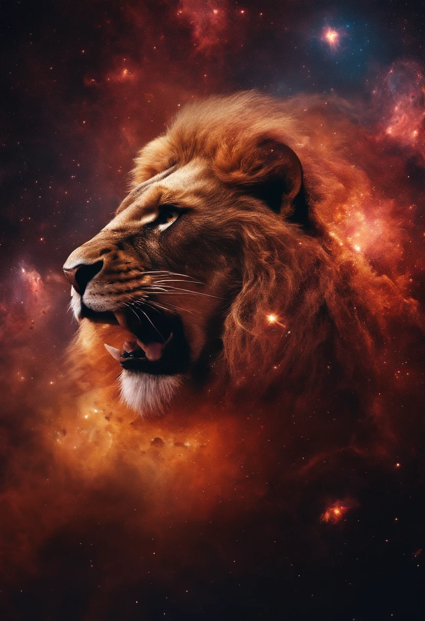 a photograph Galaxies, espirais, outer space, Nebulosas, estrelas, smoke billowing,espatacular imagem, detalhe intrincado, in the form of a lion, octane rendering, 8k hiper realista, textura realista, Unreal Natural Lighting Engine, cinestill 800, (mola a 35mm)