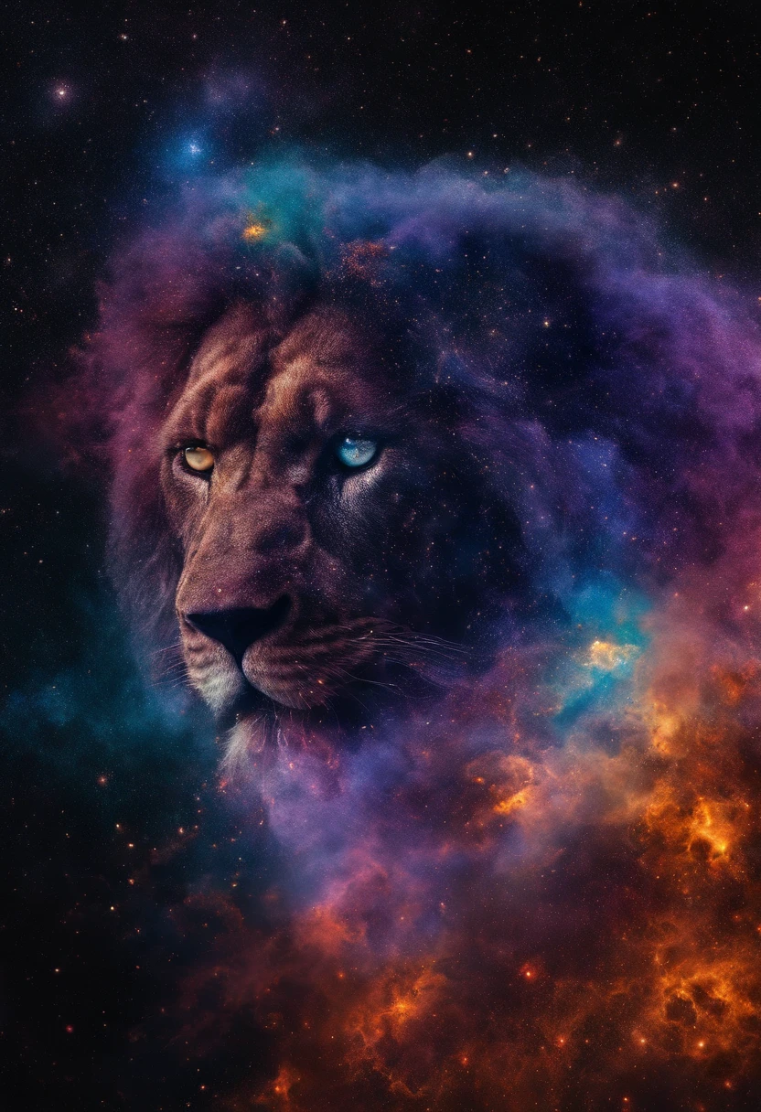 a photograph Galaxies, espirais, outer space, Nebulosas, estrelas, smoke billowing,espatacular imagem, detalhe intrincado, in the form of a lion, octane rendering, 8k hiper realista, textura realista, Unreal Natural Lighting Engine, cinestill 800, (mola a 35mm)