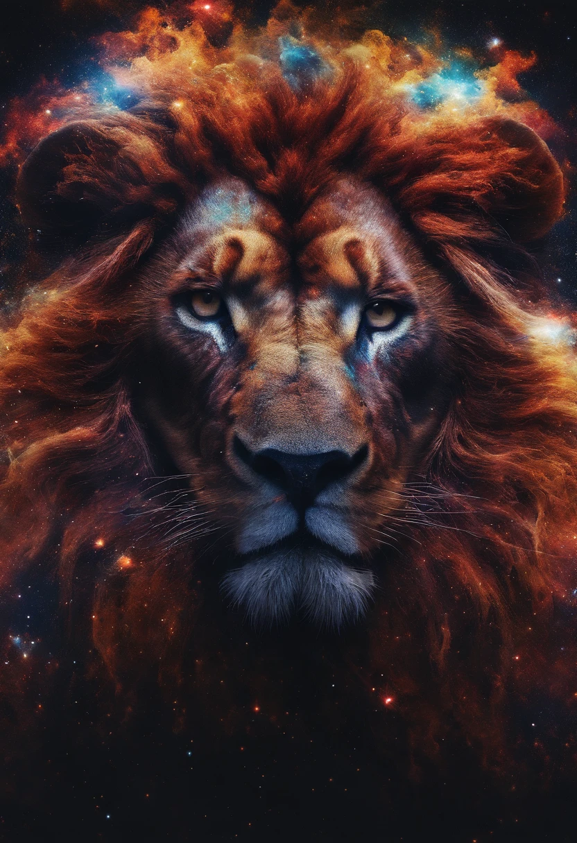 a photograph Galaxies, espirais, outer space, Nebulosas, estrelas, smoke billowing,espatacular imagem, detalhe intrincado, in the form of a lion, octane rendering, 8k hiper realista, textura realista, Unreal Natural Lighting Engine, cinestill 800, (mola a 35mm)