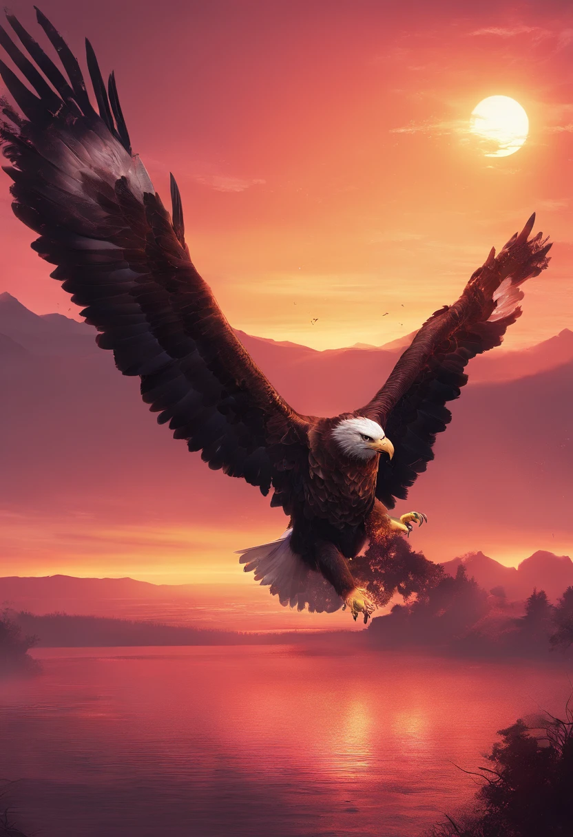 extremamente detalhado CG unidade 8k papel de parede, master part, melhor qualidade), stunning sunset, majestic eagle flying over the horizon.