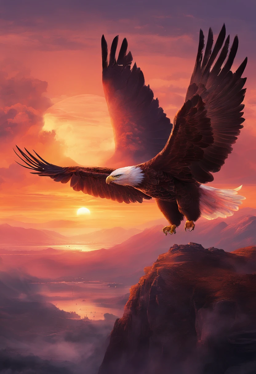 extremamente detalhado CG unidade 8k papel de parede, master part, melhor qualidade), stunning sunset, majestic eagle flying over the horizon.