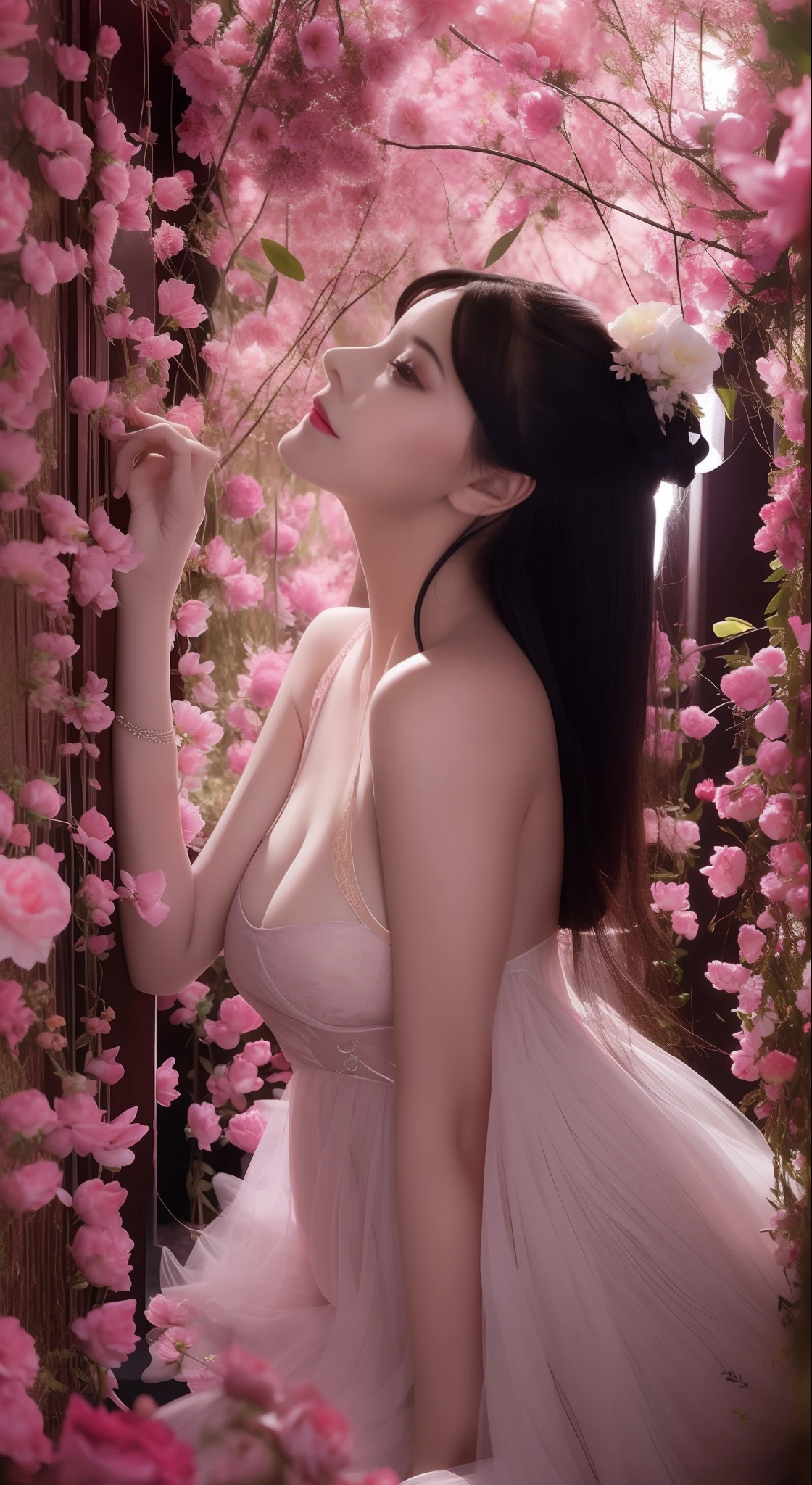 (Best quality,A high resolution),Sexy woman,Sexy lace clothing,Open V-neckline,Bright red peony flowers bloom,Subtly reveal the texture and complexity of the petals,A pair of glowing angel wings, Fire red high heels, cinema shot, A playful twist, centered composition