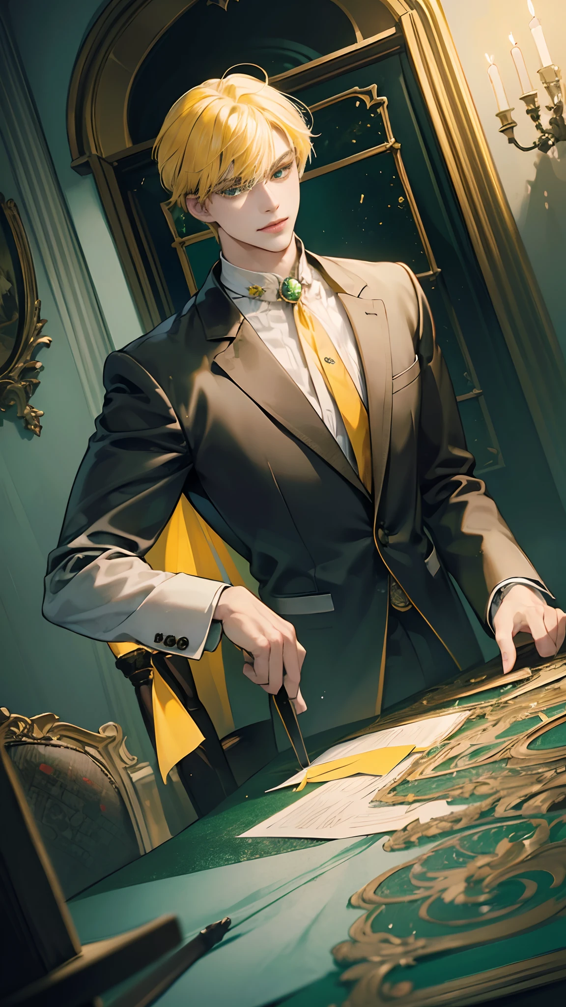masterpiece, best quality, realistic, 1man, {1 person}, mature male, quiet and charming young man, handsome man, 25 years old, serious look, extremely detailed face, detailed eyes, extremely intricate eyes, detailed background, cinematic lighting, looking at the audience, posture dynamics, (masterpiece, top quality, best quality, beautiful illustration, official art, wide angle, beautiful and aesthetic :1.5), Masterpiece Background Midnight, Darkness, Dark Room, Dark tone, castle, castle windows, Moonlight, (Moonlight Only: 1.5), Invincible Smile, smirk, Bewitching, gentleman, ((green eyes)), ((yellow hair)), [thick eyebrows], ((suit)), green cape, black suit, black pants, yellow hair, golden hair, light yellow hair, pale yellow hair, emerald green eyes