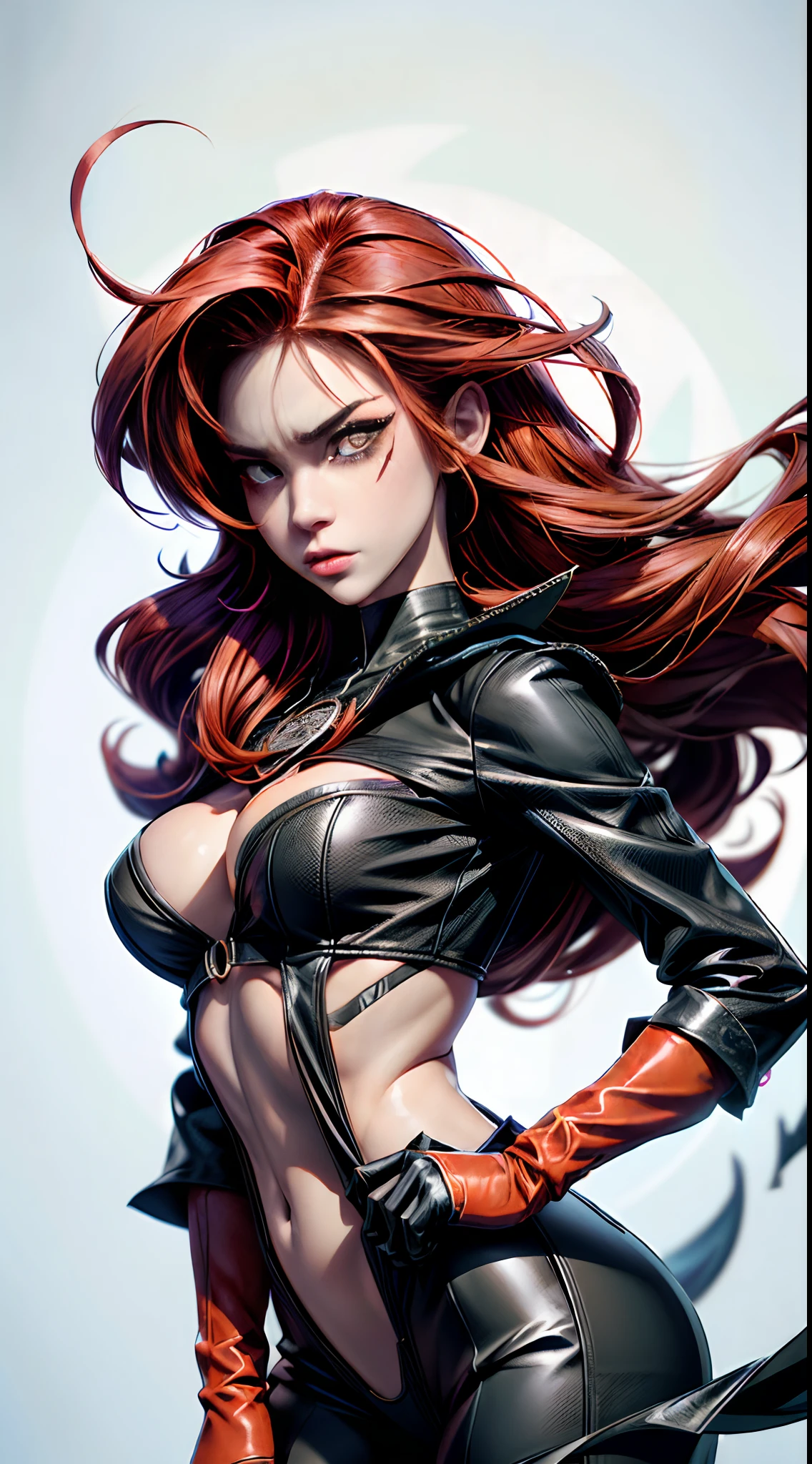 midshot, (cel-shading style:1.3), centered image, ultra detailed illustration of Poison Eve posing, redhead, (tetradic colors), inkpunk, (ink lines:1.1), strong outlines, art by MSchiffer, bold traces, unframed, high contrast, (cel-shaded:1.1), vector, 32k resolution, best quality, flat colors, flat lights
