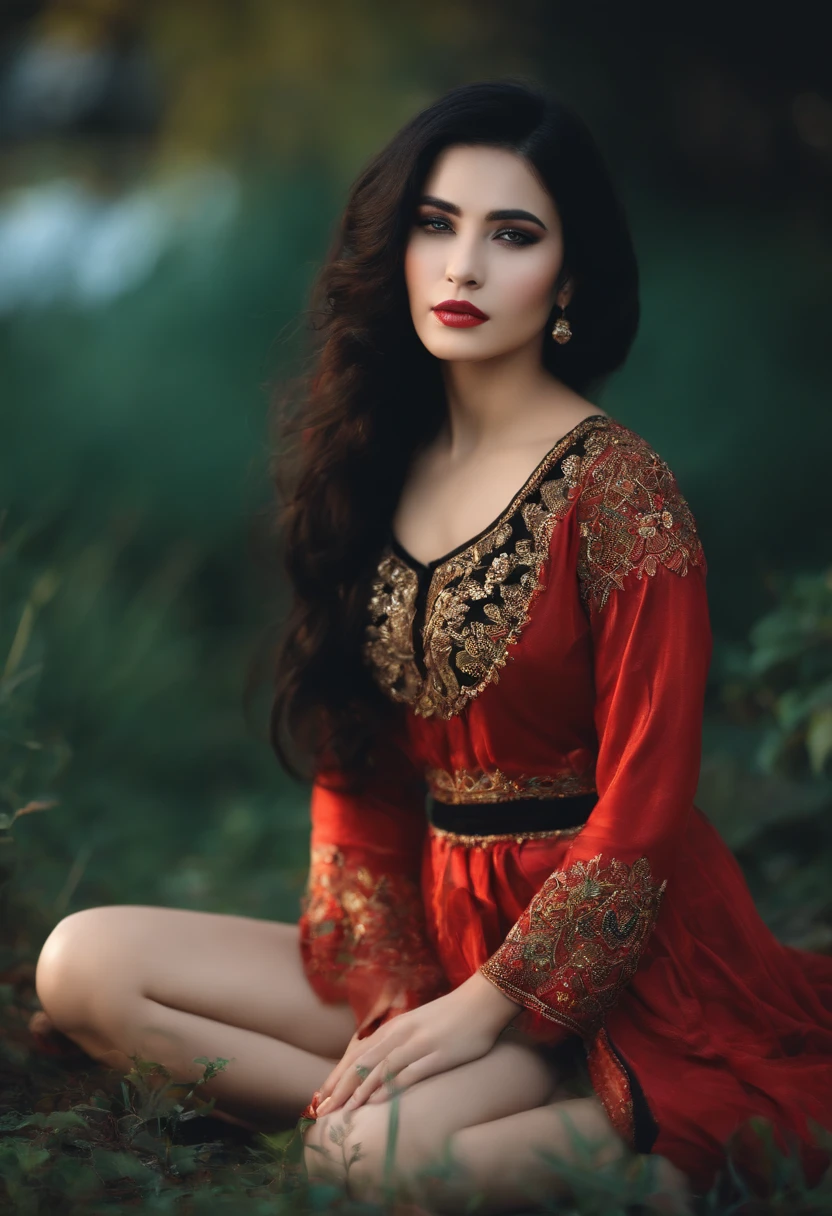 beautify girl, sit on ground, white skin, black hair
