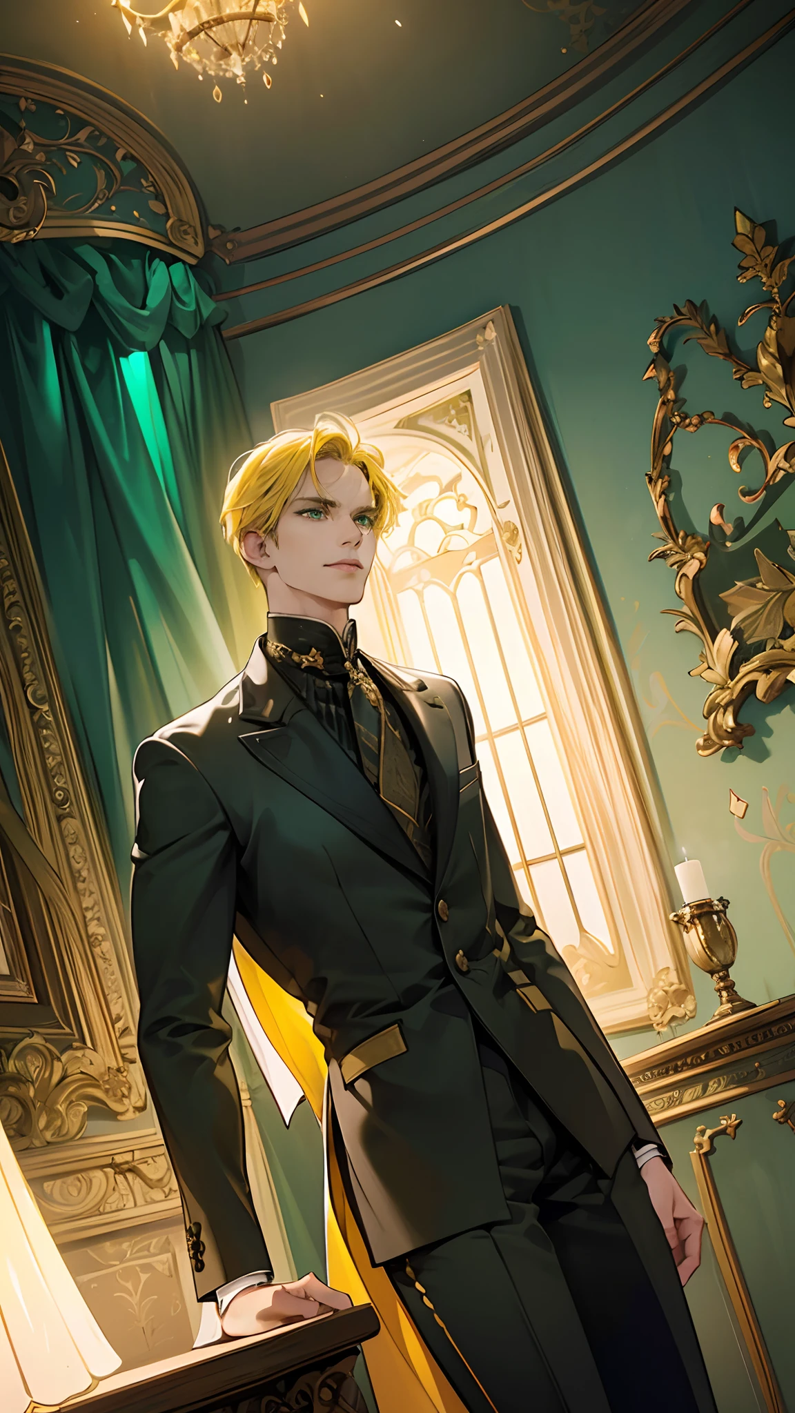 masterpiece, best quality, realistic, 1man, {1 person}, mature male, quiet and charming young man, handsome man, 25 years old, serious look, extremely detailed face, detailed eyes, extremely intricate eyes, detailed background, cinematic lighting, looking at the audience, posture dynamics, (masterpiece, top quality, best quality, beautiful illustration, official art, wide angle, beautiful and aesthetic :1.5), Masterpiece Background Midnight, Darkness, Dark Room, Dark tone, castle, castle windows, Moonlight, (Moonlight Only: 1.5), Invincible Smile, smirk, Bewitching, gentleman, ((green eyes)), ((yellow hair)), [thick eyebrows], ((suit)), green cape, black suit, black pants, yellow hair, golden hair, light yellow hair, pale yellow hair, emerald green eyes