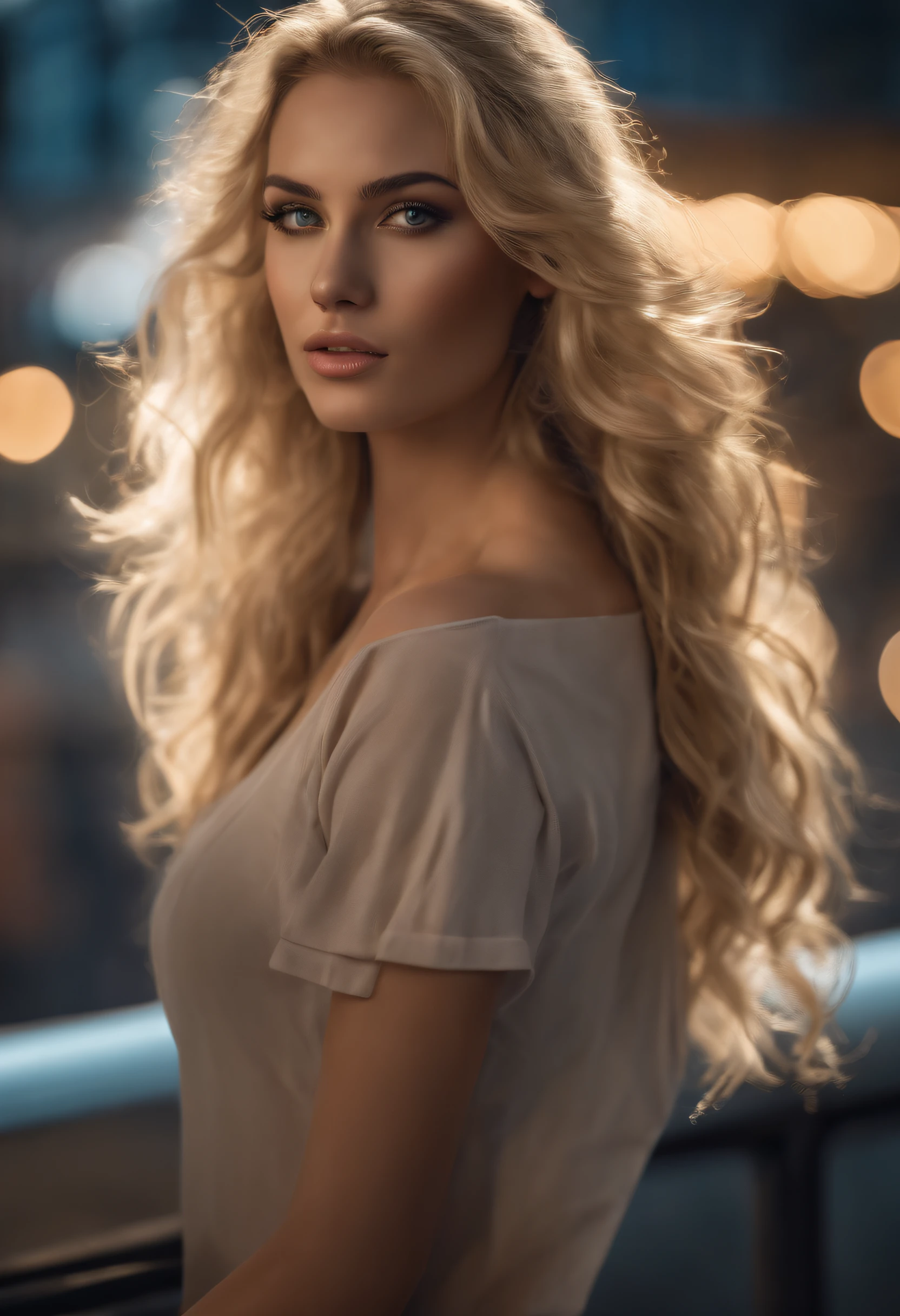 "Young blonde woman with curly blonde hair, Detailed model, robe de mariage, face detailed, brumeux, 300mm, f/2.8, 4k, plan large portrait, Urban background, volumeric lighting, photographie artistique."