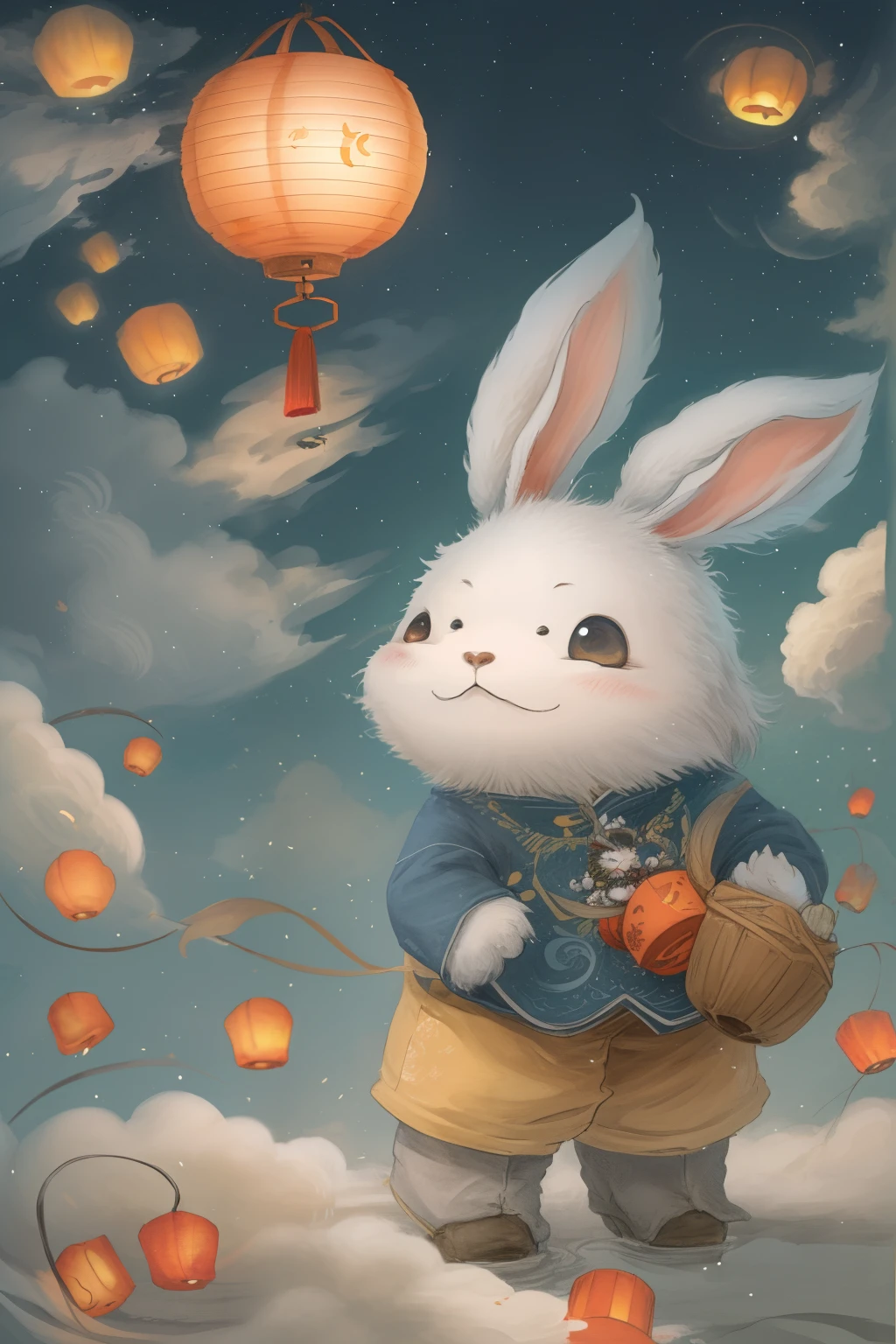 themoon， Clouds， Skysky，Yamakawa， a cute bunny，On the way home，Mid-Autumn Festival，Lanterns，Picture books，Traditional media，high high quality，