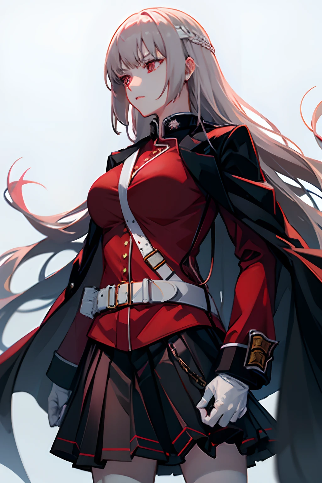 bbfng, long hair, large breasts, black coat, coat on shoulders, military uniform, red jacket, long sleeves, white gloves, belt, pleated skirt, black skirt, white pantyhose