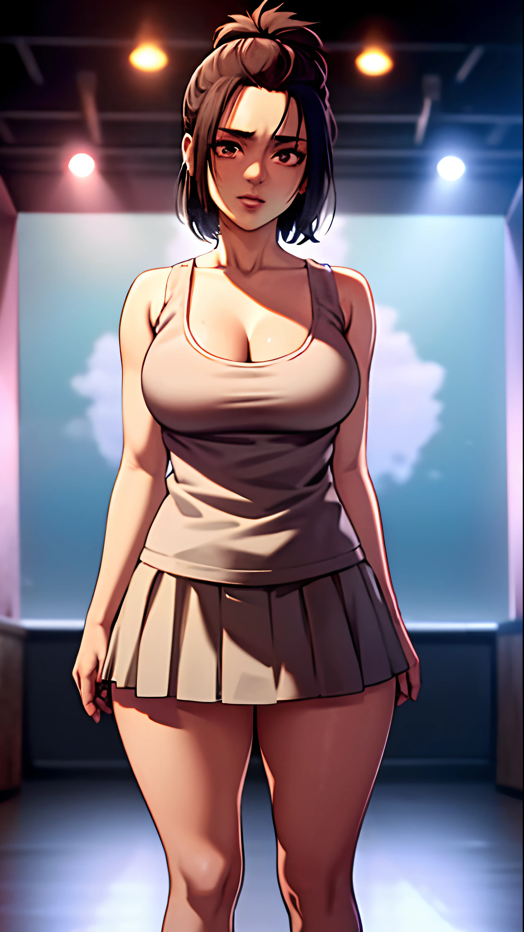 (cowboy shot), sfw,  (masterpiece), (best quality:1.0), (ultra highres:1.0), detailed eyes
BREAK
 GabiAOT, looking at viewer, 1girl, standing on stage
Primaballerina_tutu, wearing a short skirt 
BREAK
(stage, theater, indoors, gorgeous view) , big breasts, sexy figure, short skirt, visible underwear , ((detailed face)) , High Resolution , ((Gabi From AOT))