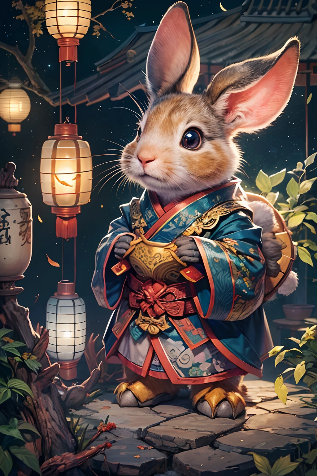 adorable rabbit，anthropomorphic turtle，during night，starrysky，Moon，mid-autumn festival，lanterns，Chinese traditional style，super high image quality，A high resolution，Complicated details，fanciful，Romantic，Ultra-detailed CG art，
