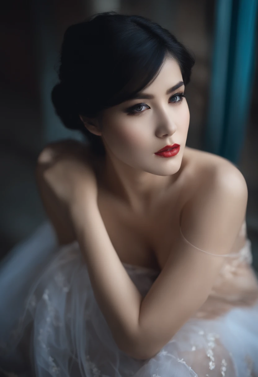 beautify girl, sit on ground, white skin, black hair, sexy underwave
