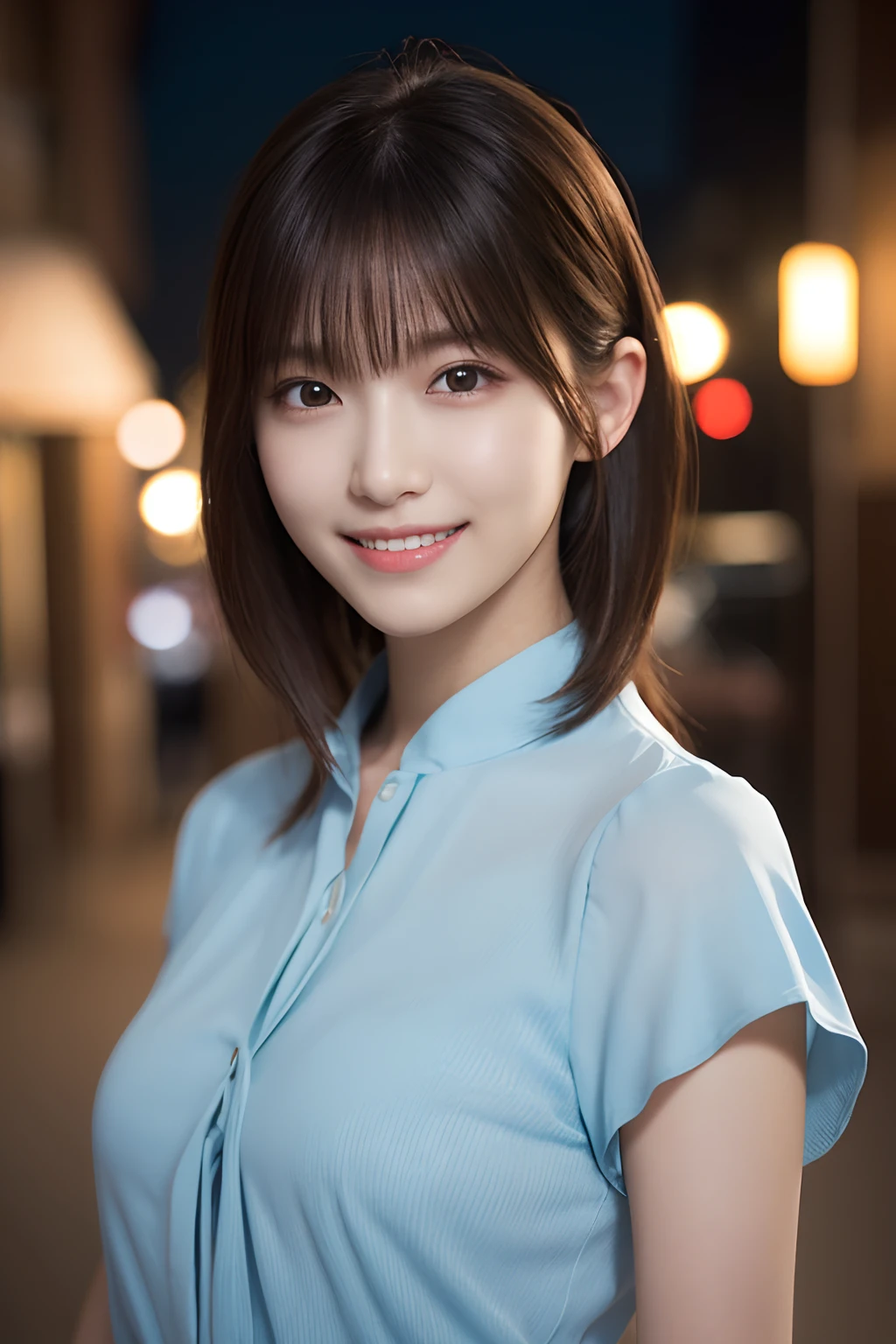 1girl in, (Wearing a light blue blouse:1.2), (Raw photo, Best Quality), (Realistic, Photorealsitic:1.4), masutepiece, Extremely delicate and beautiful, Extremely detailed, 2k wallpaper, amazing, finely detail, the Extremely Detailed CG Unity 8K Wallpapers, Ultra-detailed, hight resolution, Soft light, Beautiful detailed girl, extremely detailed eye and face, beautiful detailed nose, Beautiful detailed eyes, Cinematic lighting, city light at night, Perfect Anatomy, Slender body, Smiling