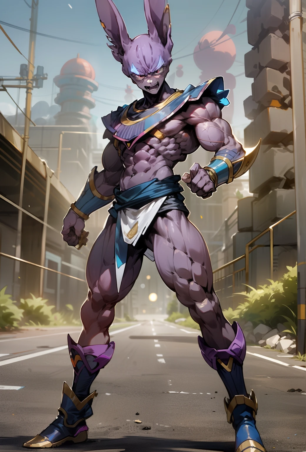 masterpiece, best quality, 1boy, (beerus), short hair, black hair, black eyes,  blue boots, orange clothes, training, standing, smiling, angry face, aura power, night, natural light,standing, angry eyes,  smiling, black hair, male focus, strong muscles, movie composition, deth of field, bokeh, (futuristic), (full body),