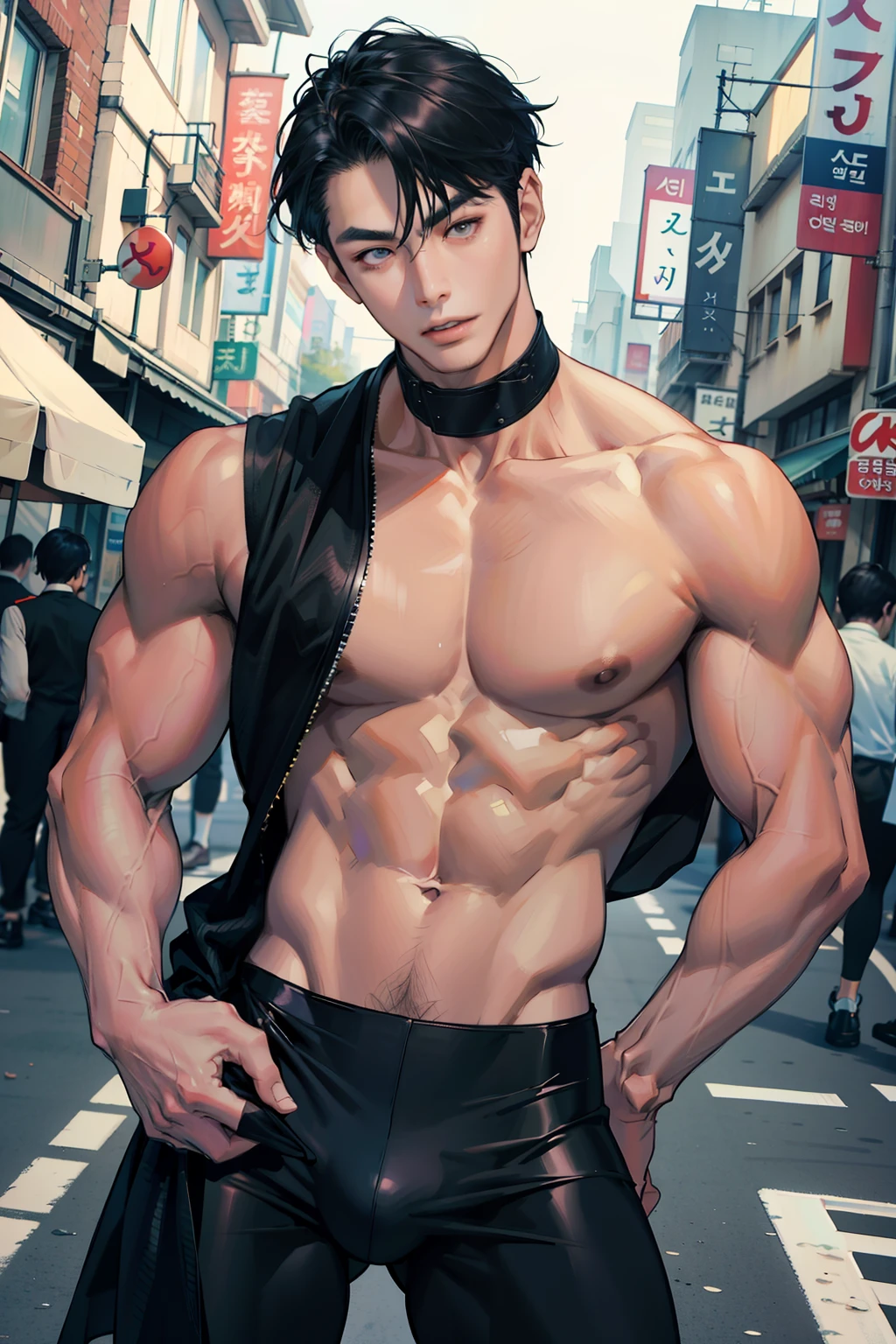 A Korean man, Slim body , Pale Asian skin, good eyes, Detailed body,massive bulge， Detailed face, Wear one-piece leggings, Bare lower body, Good outdoor lighting, A sexy pose, Good expression , Sexy but cute, No beard, ,Only tights, A handsome face like a K-pop idol, Topless