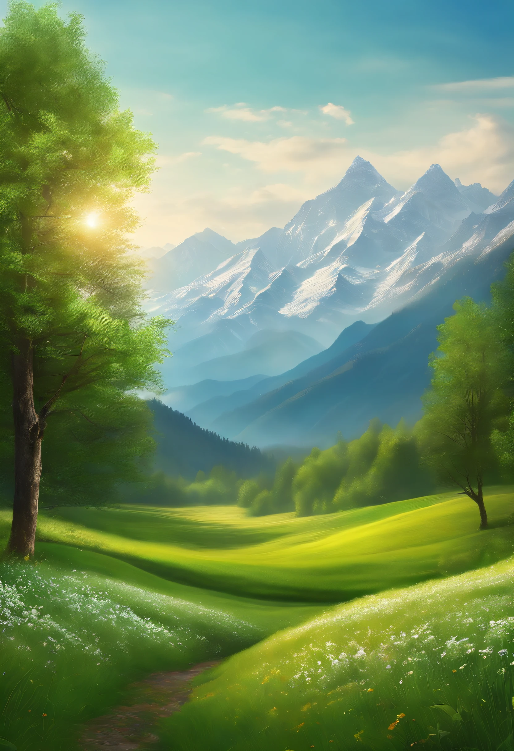 E-commerce background,Large green meadows,The vista is mountains, The blue sky is white, Then go,Natural light at noon,3:2,Masterpiece,8K,Abstract painting style