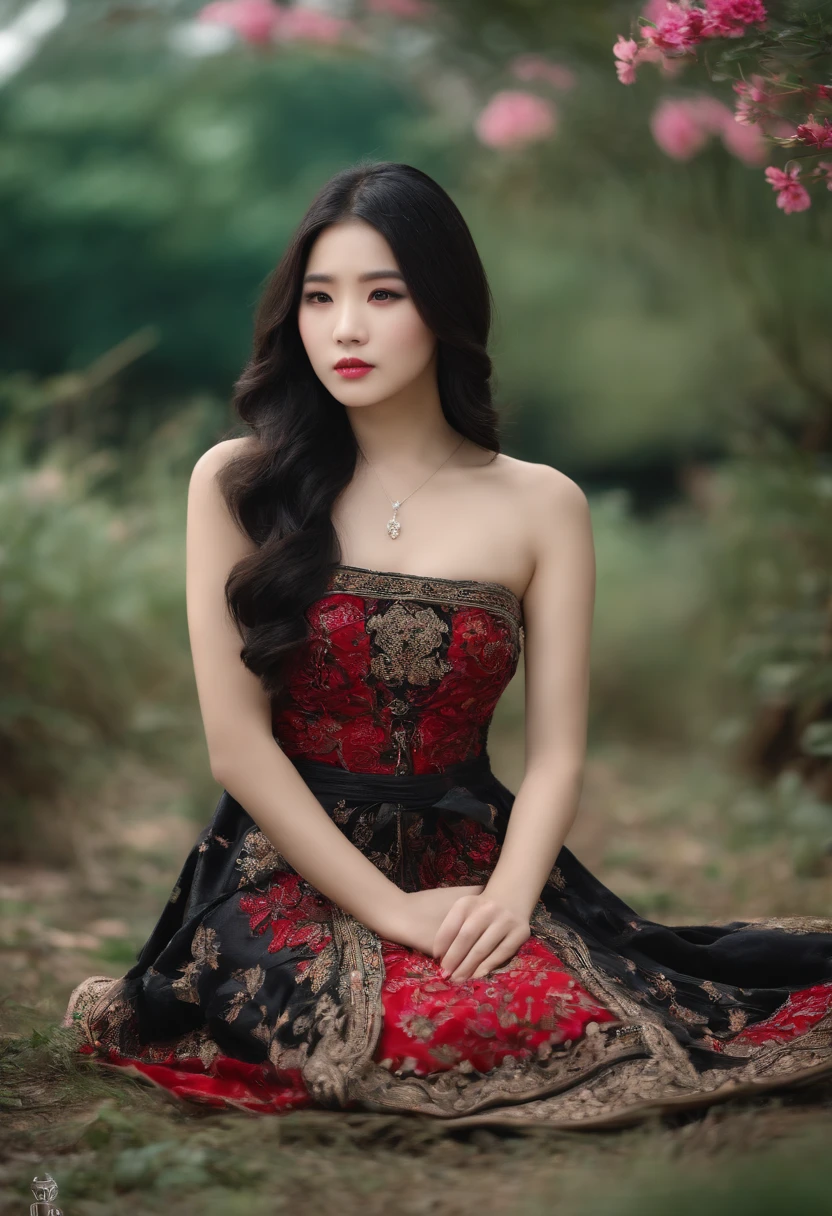 beautify asian girl, , sit on ground, white skin, black hair, sexy dress