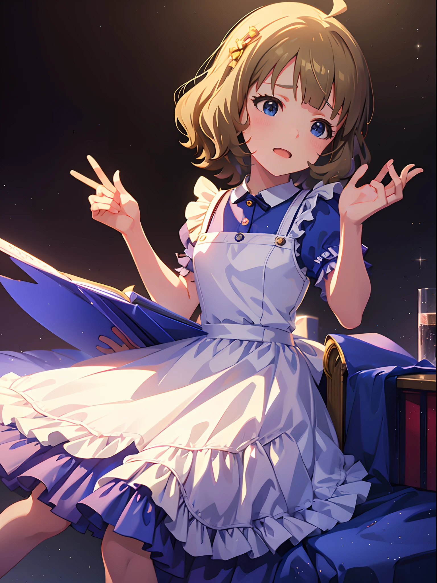momoko suou (million live), 1 girl, Solo, , Lori, Petite, Cute Girl, Best Quality, Ultra-detailed, 8K, High resolution, Alice in Wonderland, Twin tail, sky-blue dress, frilly dress, White Apron, frilled apron,