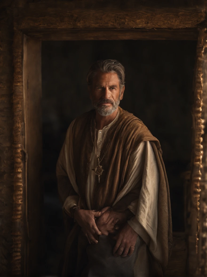 (best quality, ultra-detailed, tall, cain and abel, long clothes, religion, ultra photorealistic, detailed face, fluid clothing, regal expression, ancient kingdom, divine aura, halo, majestic setting, biblical narrative, spiritual environment, vibrant cores , golden lighting, holy presence, Historical masterpiece.