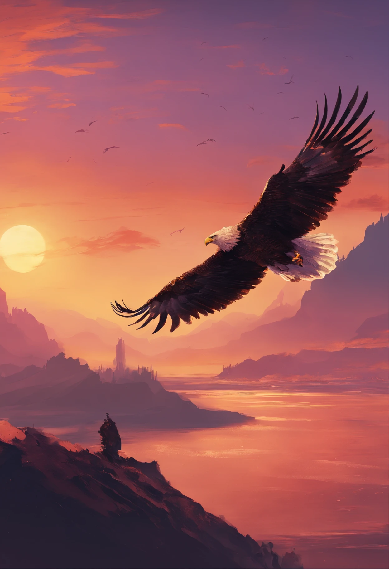 extremamente detalhado CG unidade 8k papel de parede, master part, melhor qualidade), stunning sunset, majestic eagle flying over the horizon.