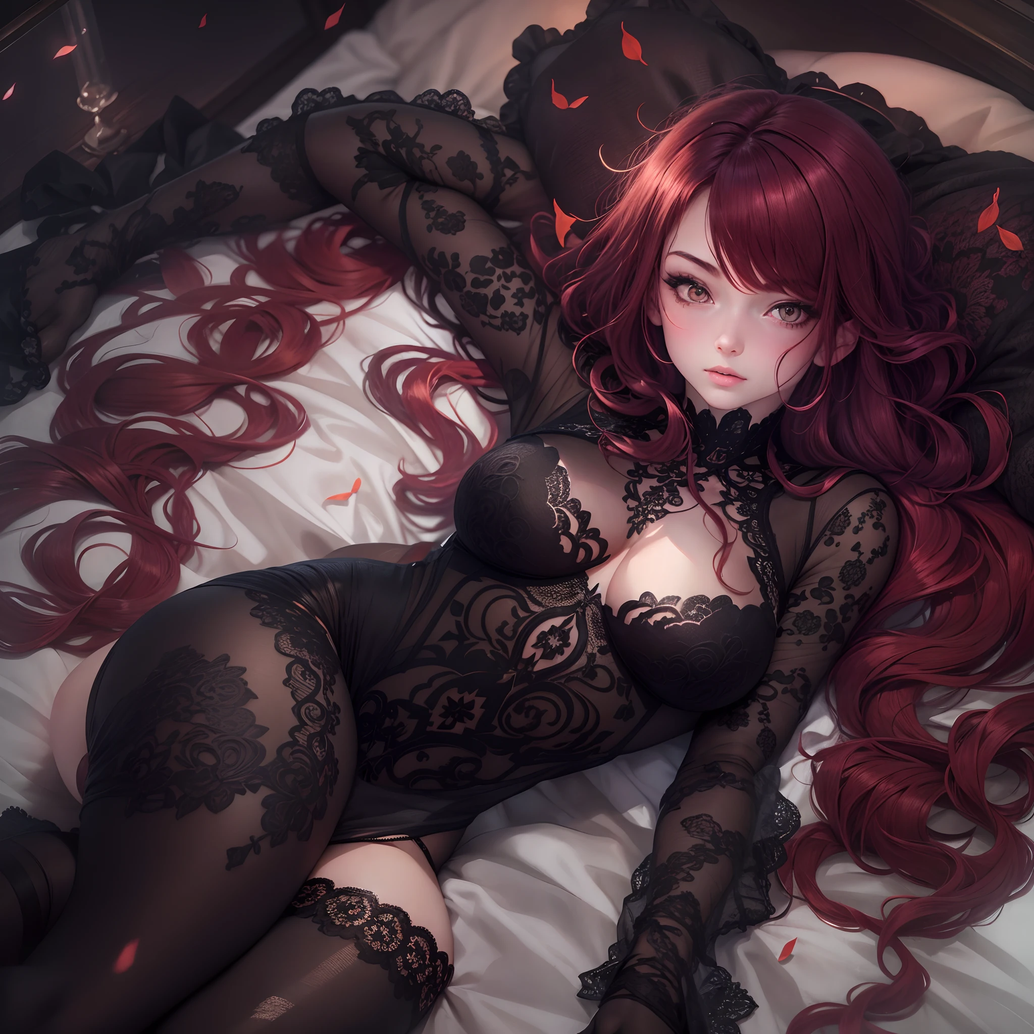 (highres:1.2),ultra-detailed,1girl,lying in bed,pale skin,dark red hair,black thigh high,lace,nylon,hot,sensual light,contrast light,romantic glow