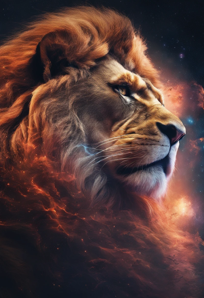 a photograph Galaxies, espirais, outer space, Nebulosas, estrelas, smoke billowing,espatacular imagem, detalhe intrincado, in the form of a lion, octane rendering, 8k hiper realista, Textura realista, Unreal Natural Lighting Engine, cinestill 800, (mola a 35mm |)