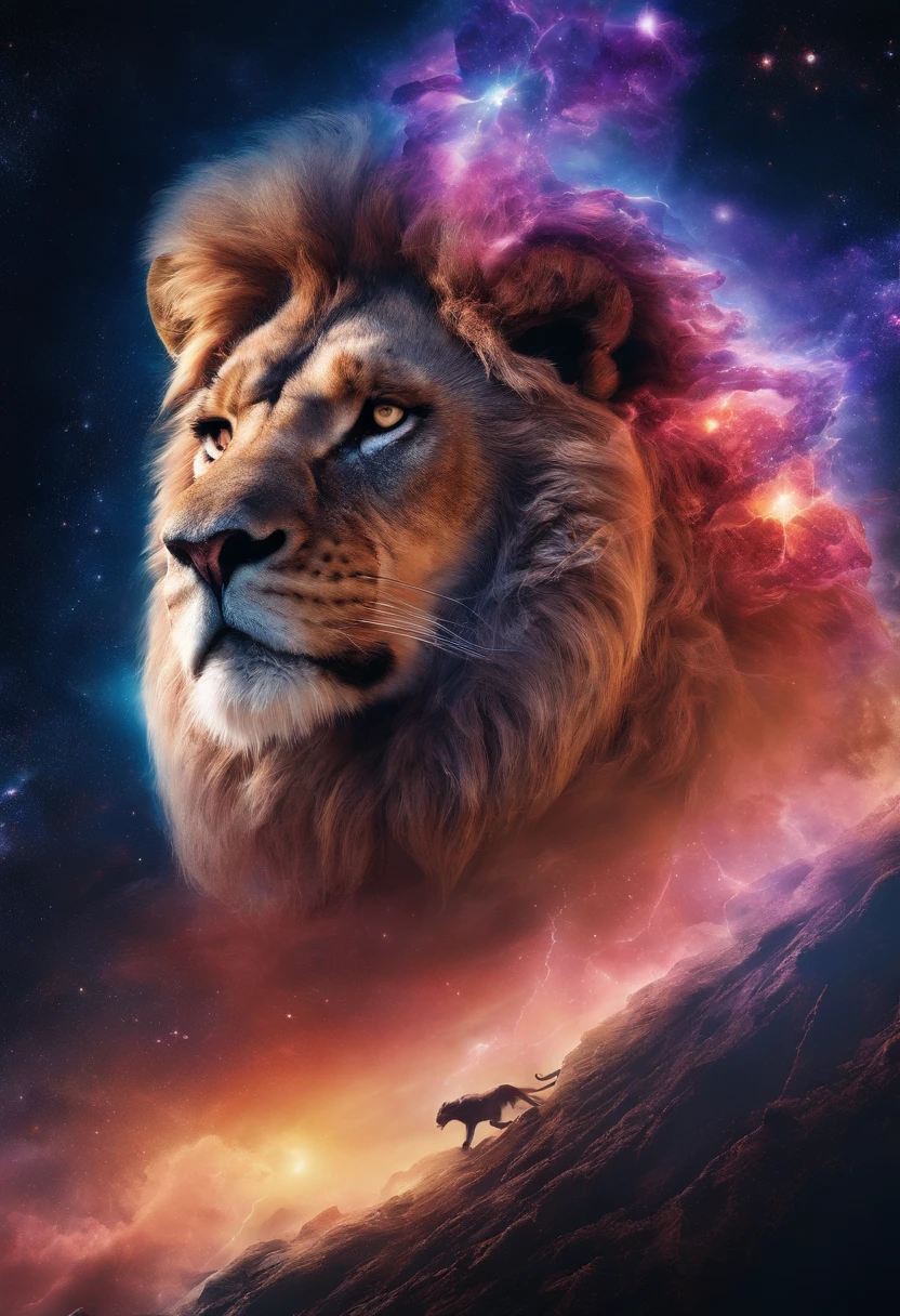 a photograph Galaxies, espirais, outer space, Nebulosas, estrelas, smoke billowing,espatacular imagem, detalhe intrincado, in the form of a lion, octane rendering, 8k hiper realista, Textura realista, Unreal Natural Lighting Engine, cinestill 800, (mola a 35mm |)