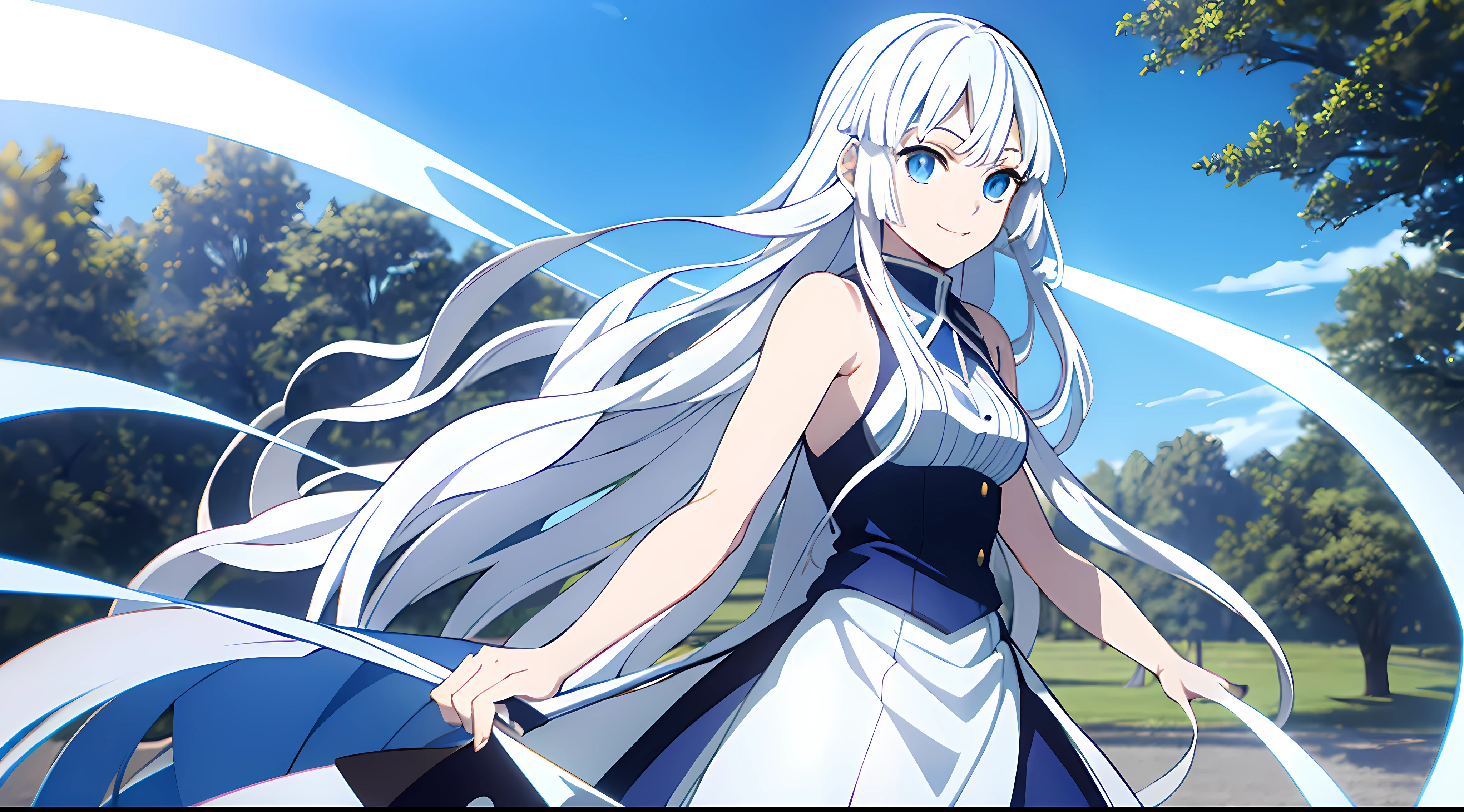 Masterpiece, Best Quality, 1Girl, Solo, Very long hair, white hair, Blue Haori with pattern, Light Blue eyes, Demon Slayer, light smile, light tracing, outdoors, tree, blue sky